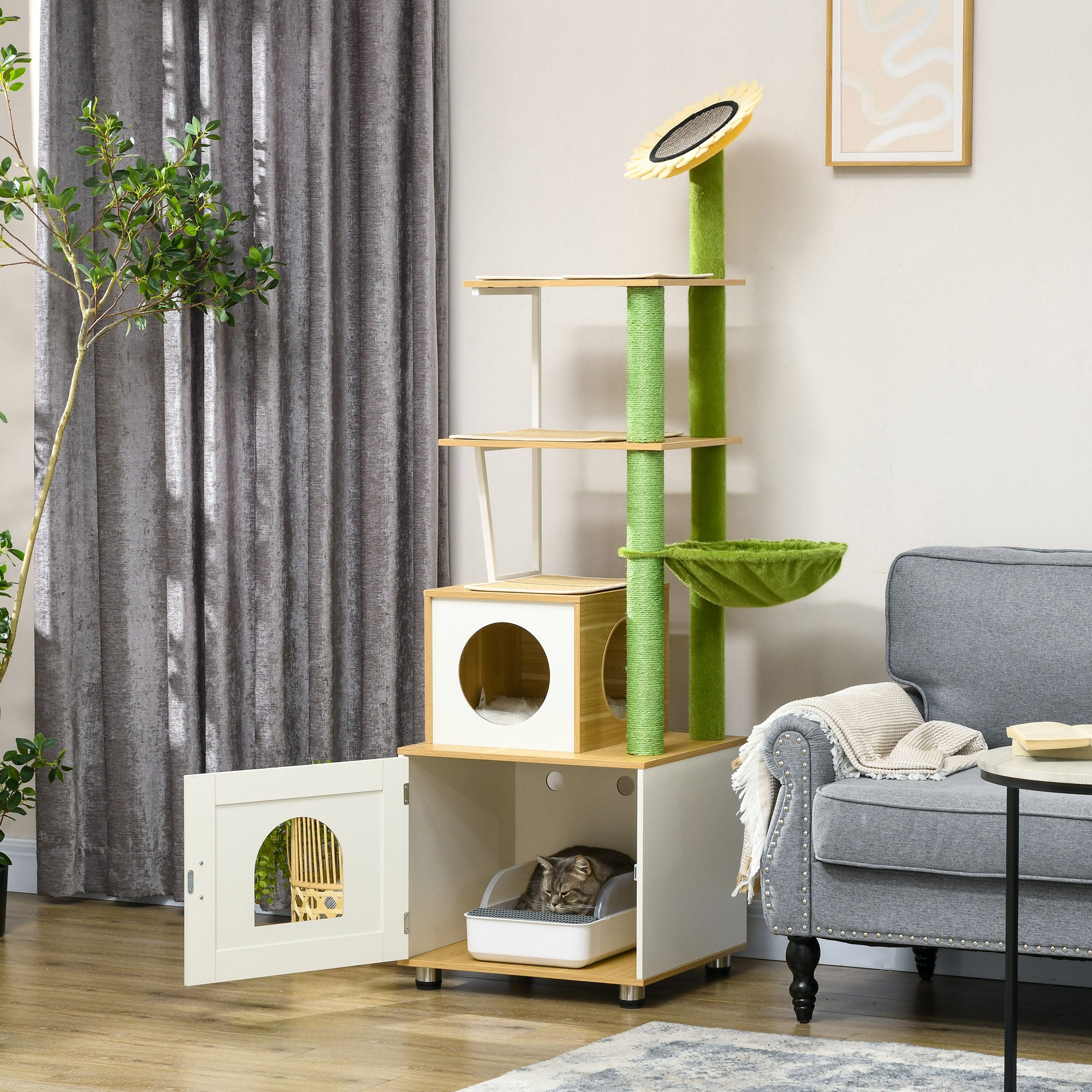 Cat Tree with Cat Litter Box for Indoor Cats, Cat Enclosure with Scratching Post, Cat Condo, Hammock, Platforms, Removable Cushions, Oak