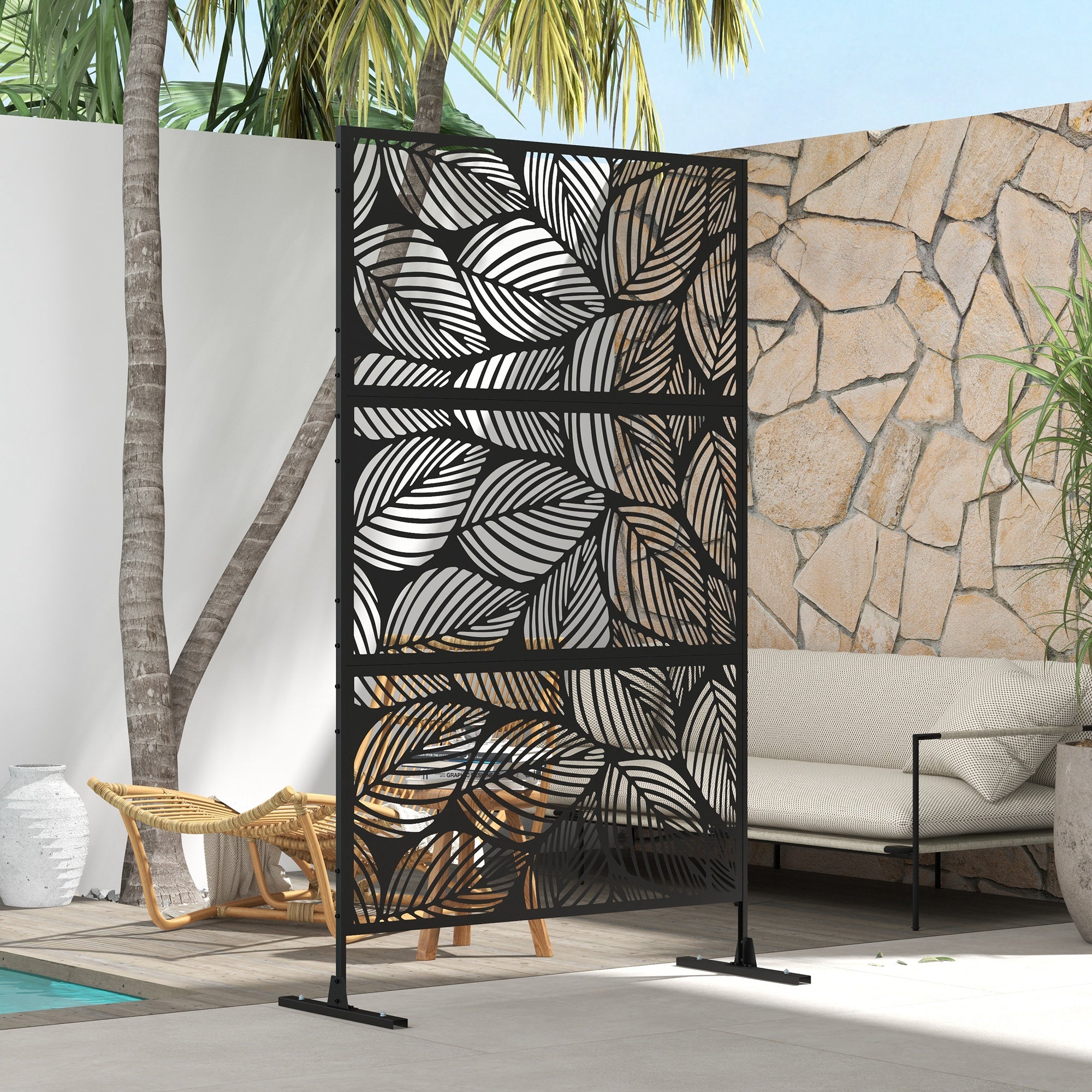 Metal Decorative Privacy Screen Outdoor Divider, Black Leaf