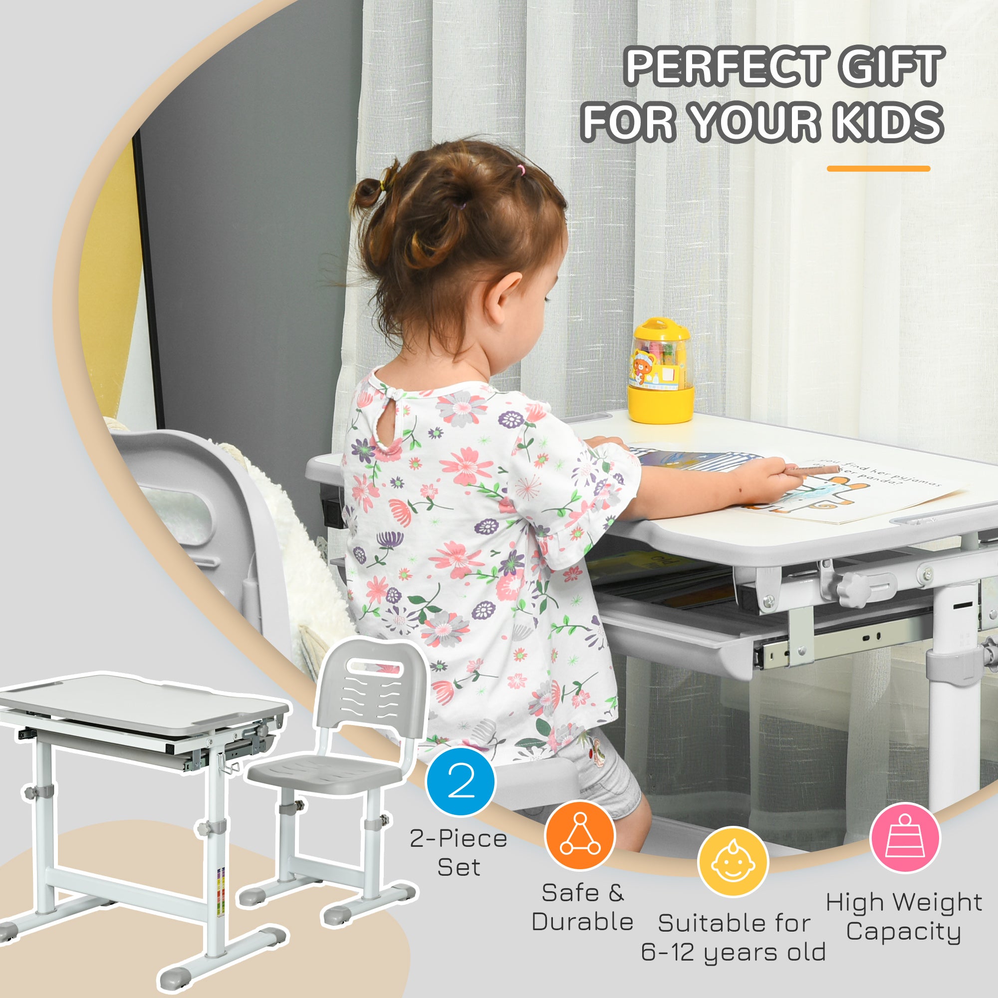 Kids Desk and Chair Set Height Adjustable Student Writing Desk Children School Study Table with Tiltable Desktop, Grey