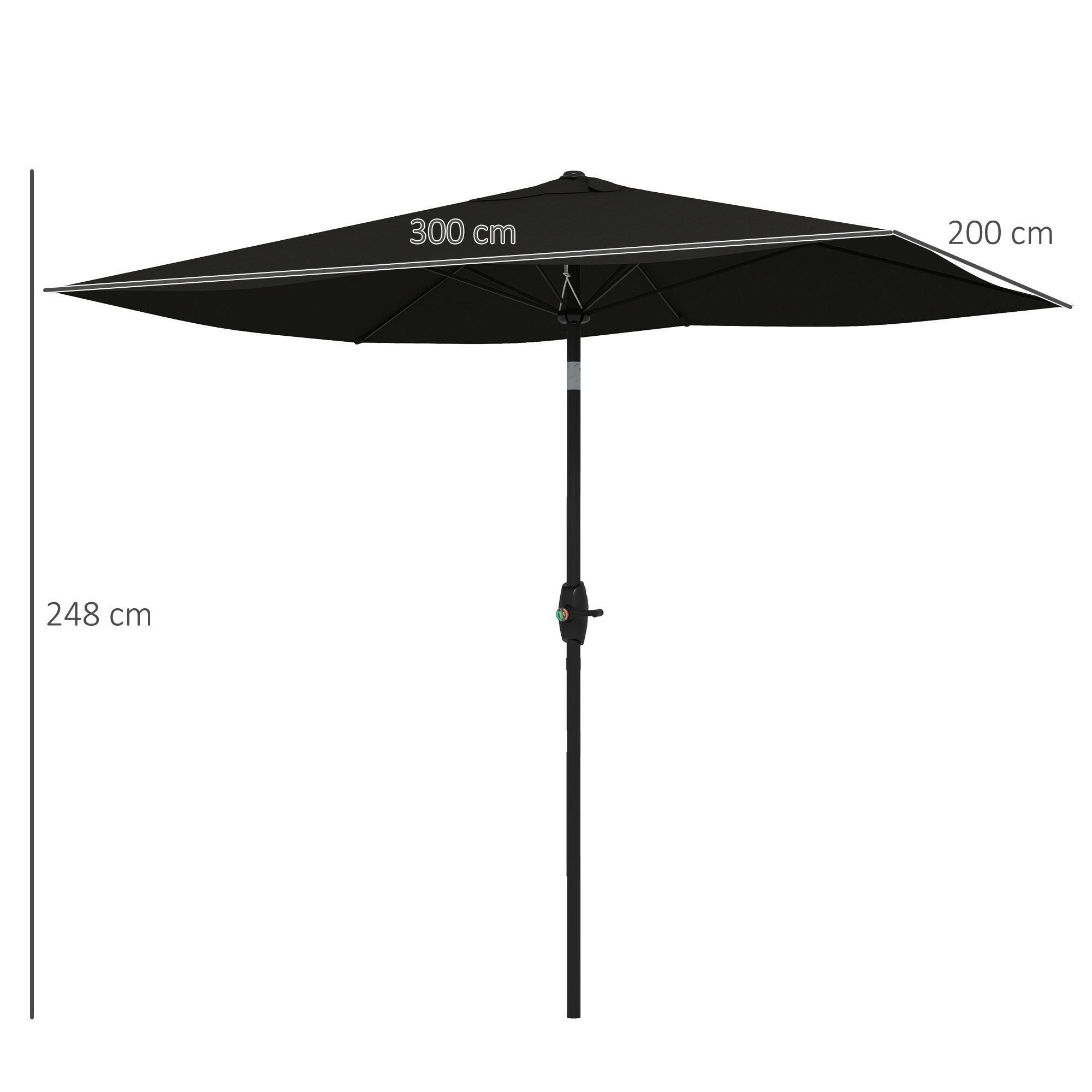 2 x 3(m) Garden Parasol Umbrella, Rectangular Outdoor Market Umbrella Sun Shade with Crank & Push Button Tilt, 6 Ribs, Aluminium Pole, Black