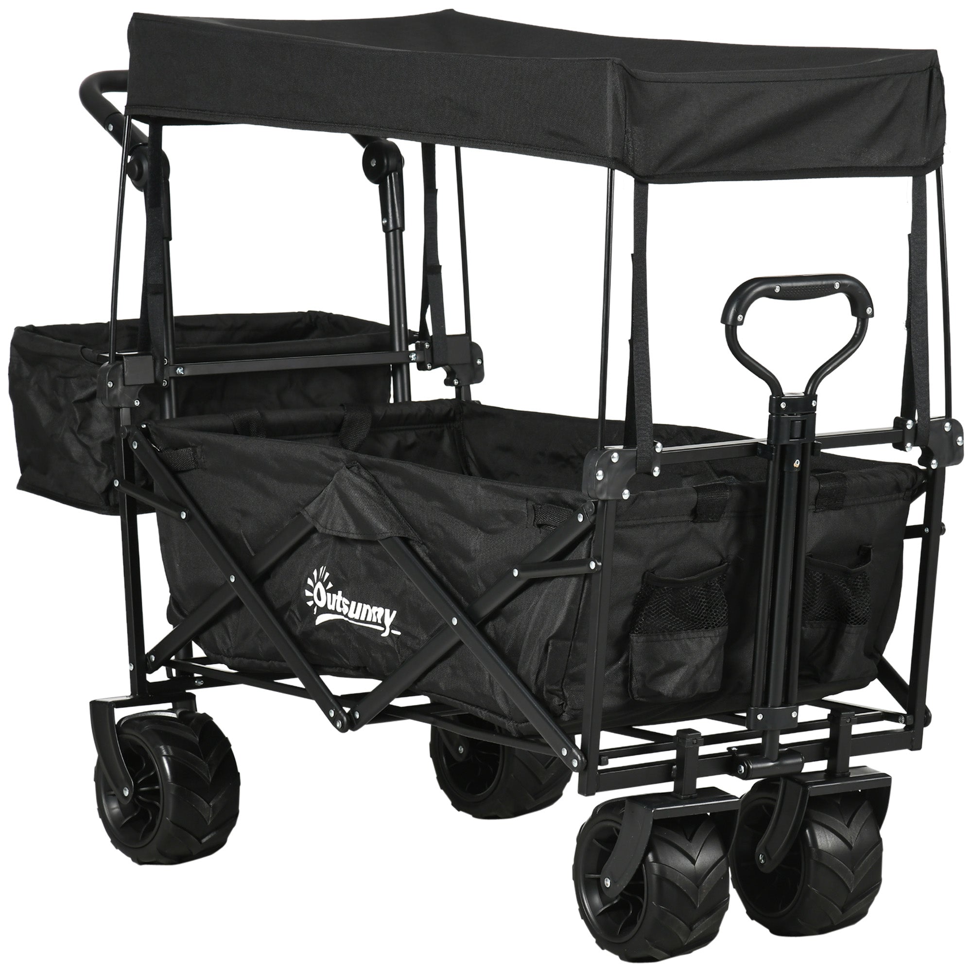 Folding Trolley Cart Storage Wagon Beach Trailer 4 Wheels with Handle Overhead Canopy Cart Push Pull for Camping, Black