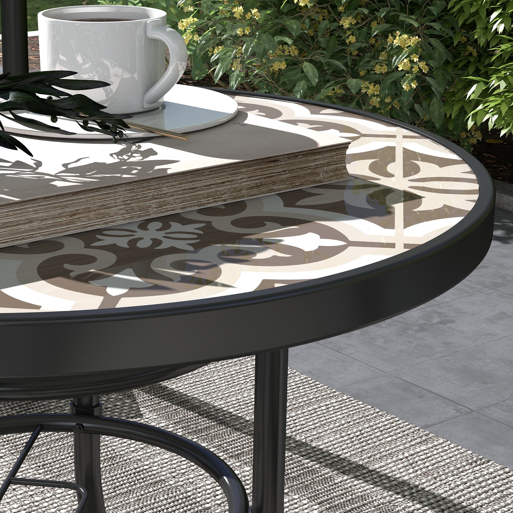 Tempered Glass Top Garden Table with Printed Design and Steel Frame 60x70cm - Tan Brown