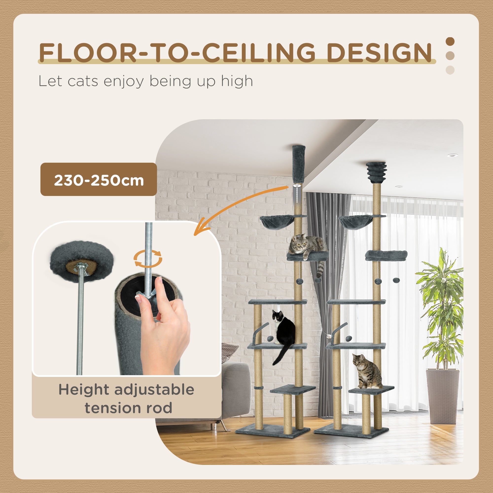 Floor to Ceiling Cat Tree, 6-Tier Play Tower Climbing Activity Center w/ Scratching Post, Hammock, Adjustable Height 230-250cm, Grey