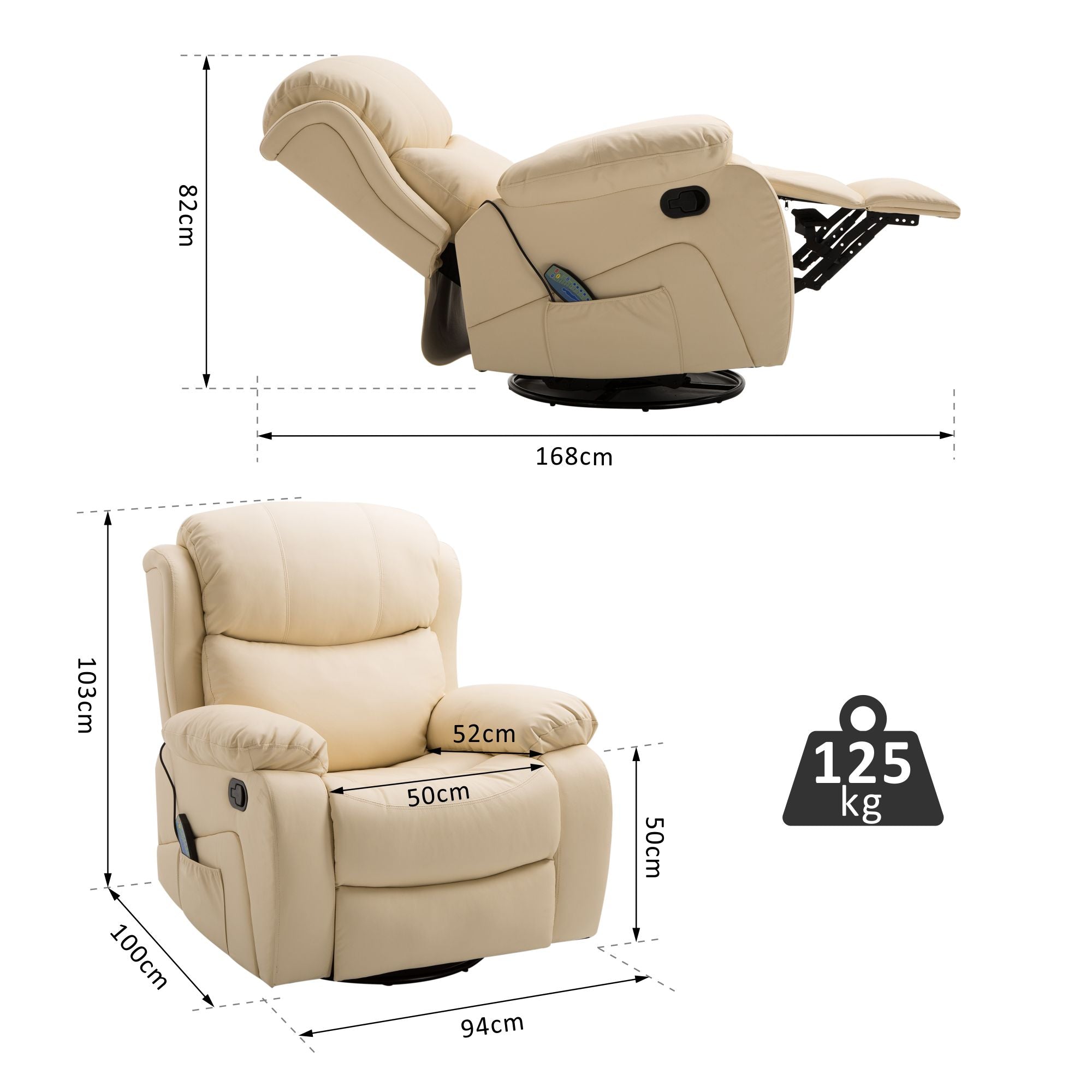 PU Leather Reclining Chair with 8 Massage Points and Heat, Manual Recliner with Swivel Base, Footrest and Remote, Beige