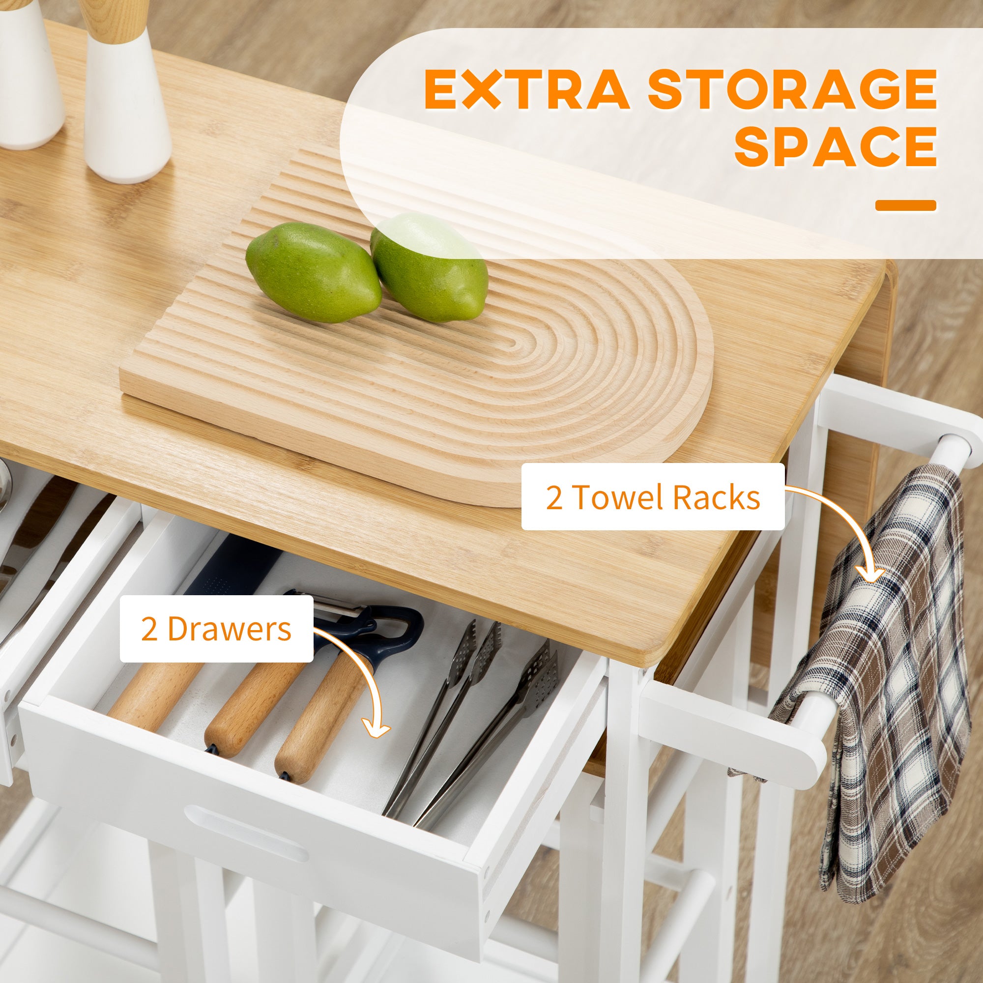 Kitchen Island Set with 2 Bamboo Stools, Drop Leaf Cart with Drawers & Towel Rack - White