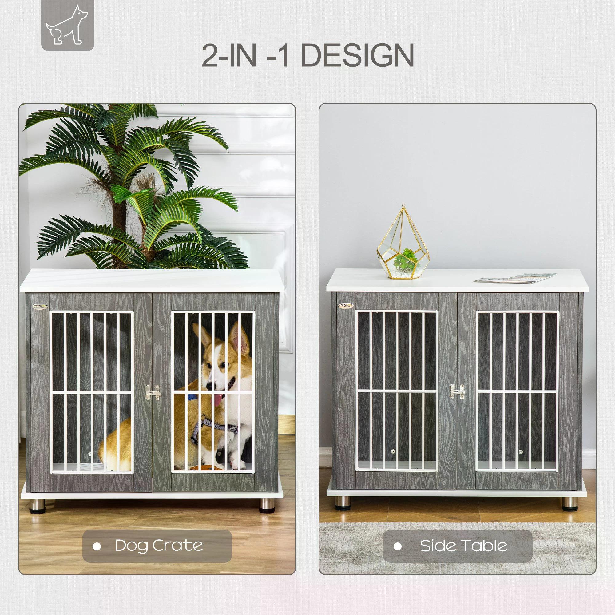 Dog Crate, Wooden Pet Kennel Cage with Lockable Door and Adjustable Foot Pads, Modern Design, Grey and White