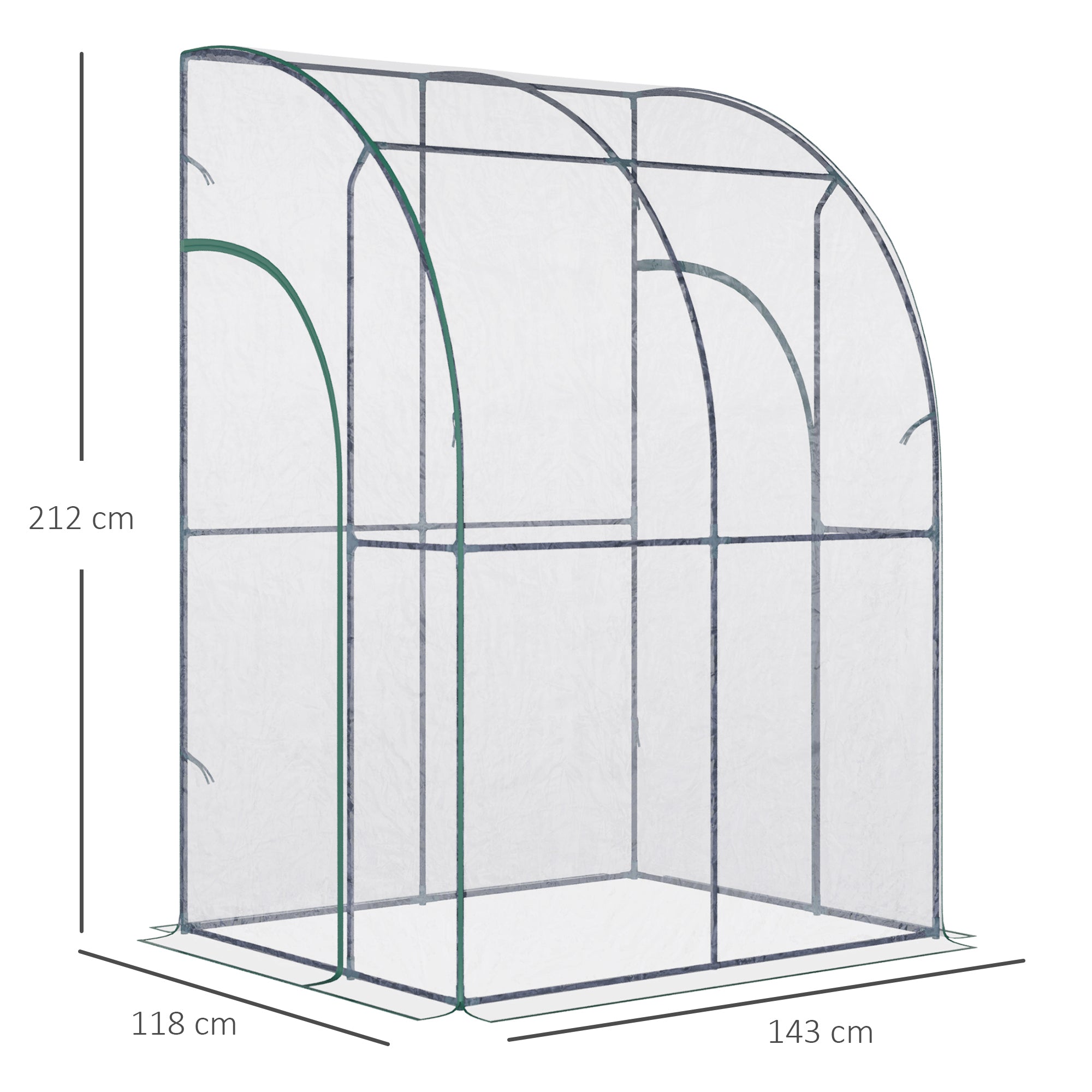 Walk-In Greenhouse Lean to Wall Tunnel Greenhouse with Zippered Roll Up Door PVC Cover Sloping Top, 143 x 118 x 212 cm