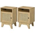 Natural Rattan Bedside Table with Cupboard and Shelf Storage - Brown