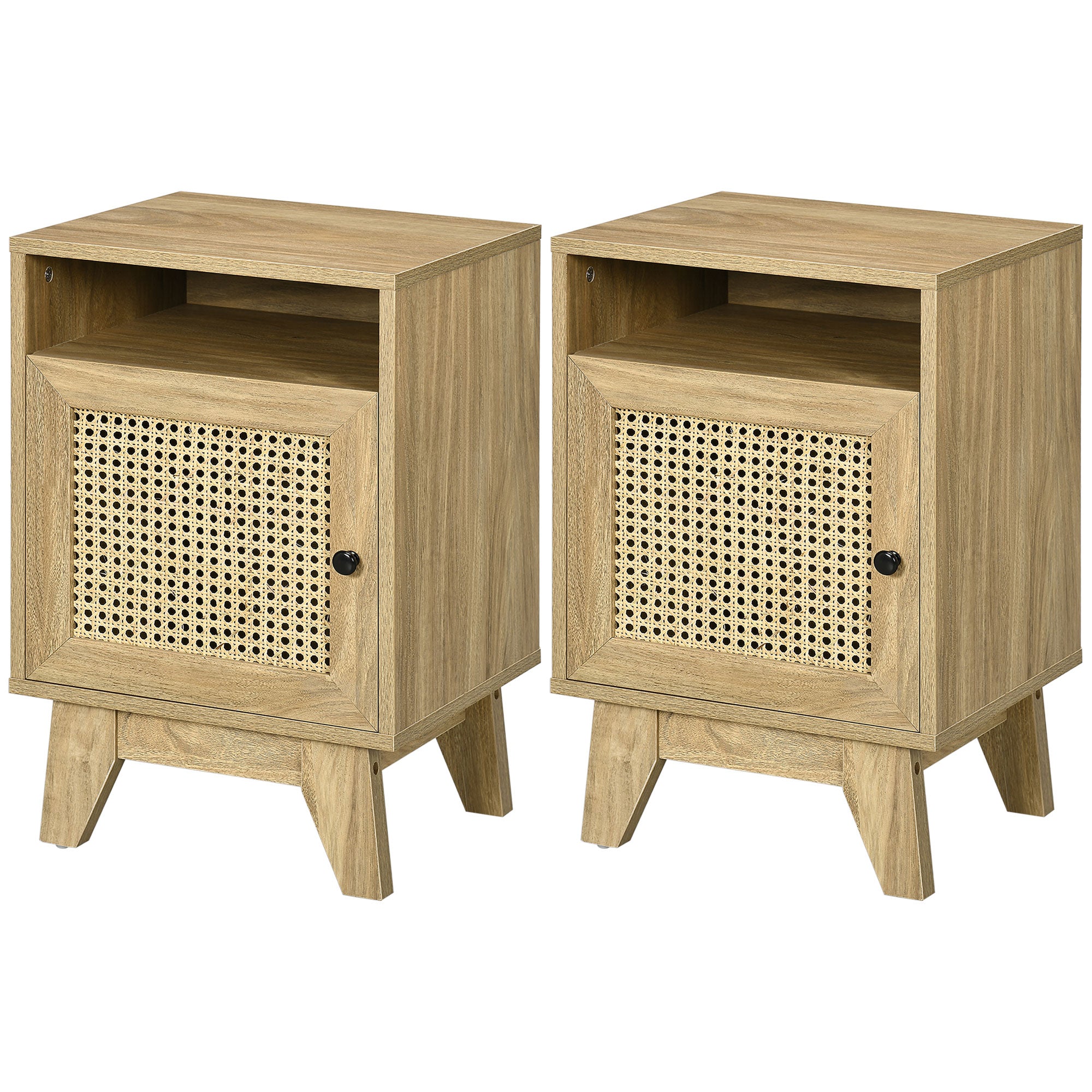 Bedside Table with Rattan Element, Side End Table with Shelf and Cupboard, 39cmx35cmx60cm, Natural