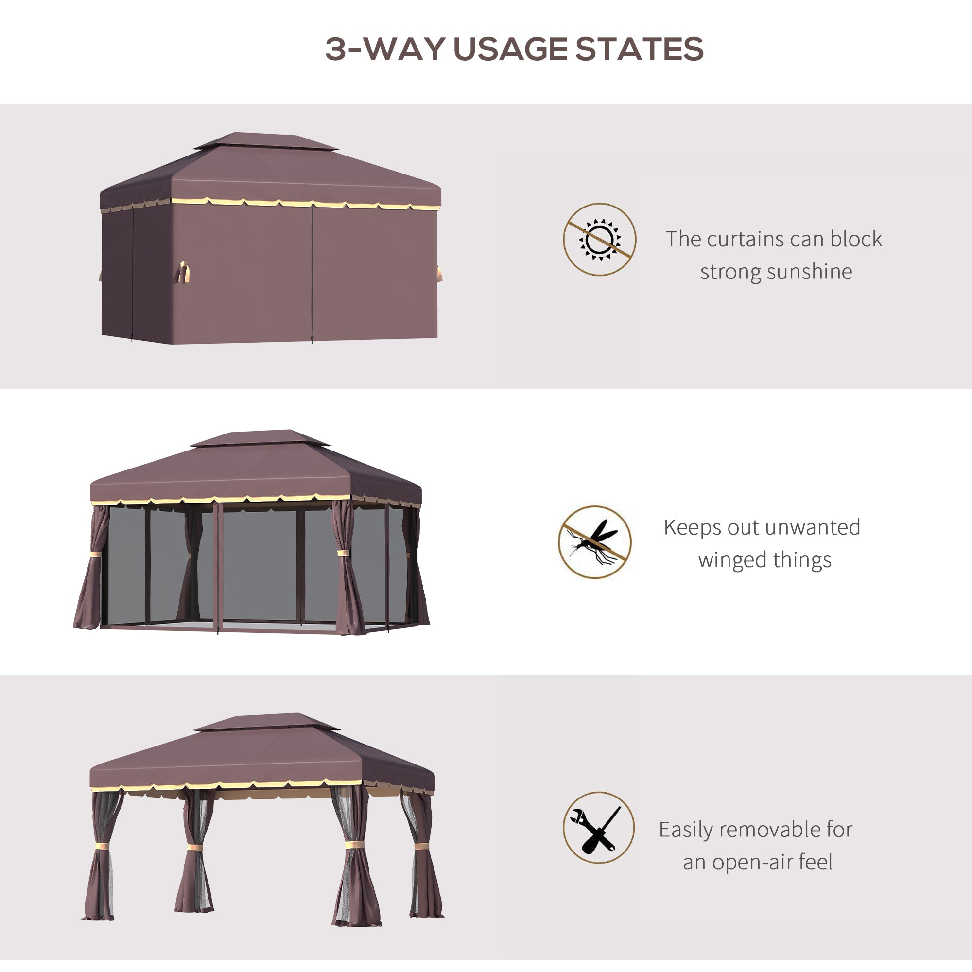 3 x 4m Aluminium Alloy Gazebo Marquee Canopy Pavilion Patio Garden Party Tent Shelter with Nets and Sidewalls - Coffee