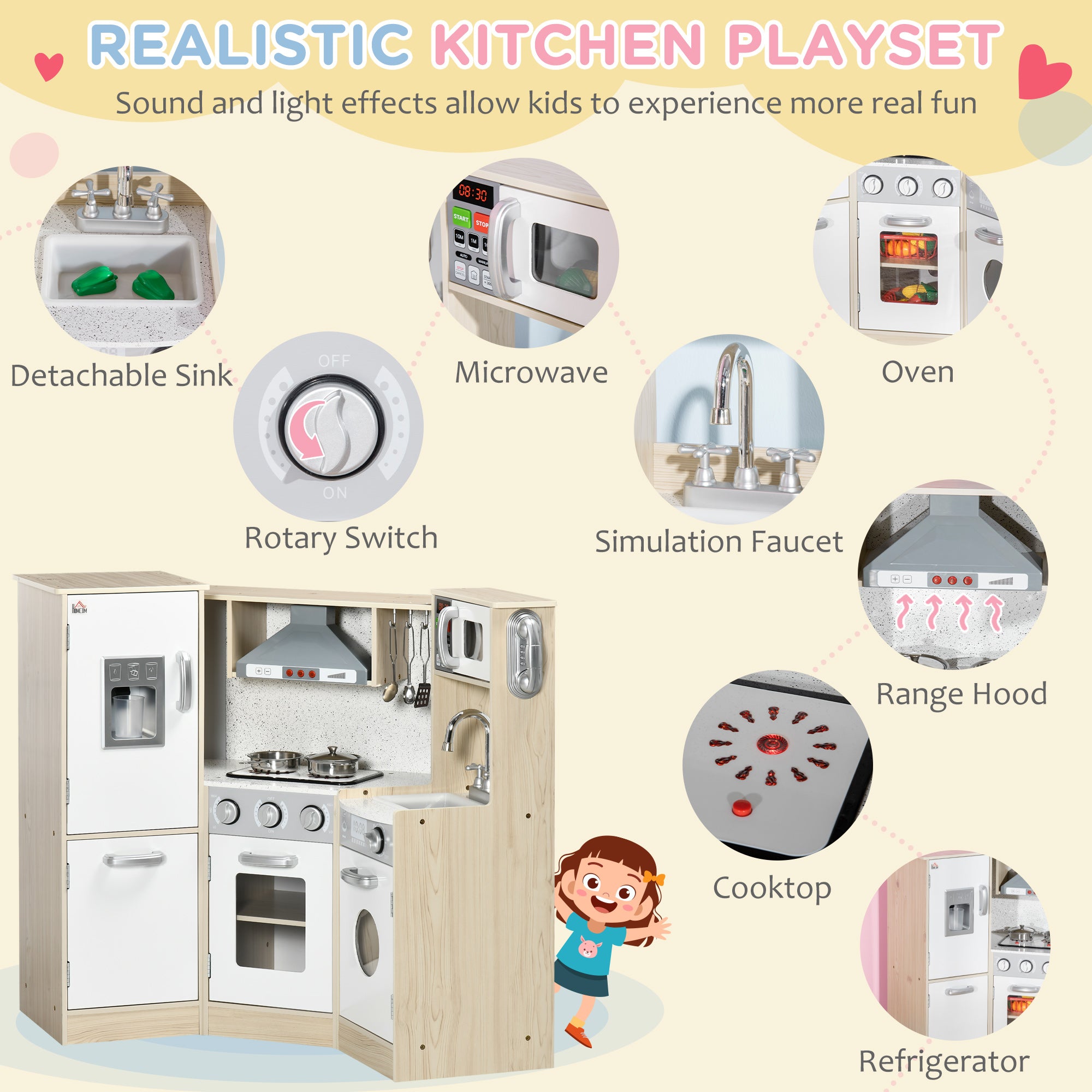 Toy Kitchen for Kids with Role Play Accessories, Wooden Corner Pretend Kitchen with Sound and Light, Phone, Microwave, Refrigerator, Ice Maker