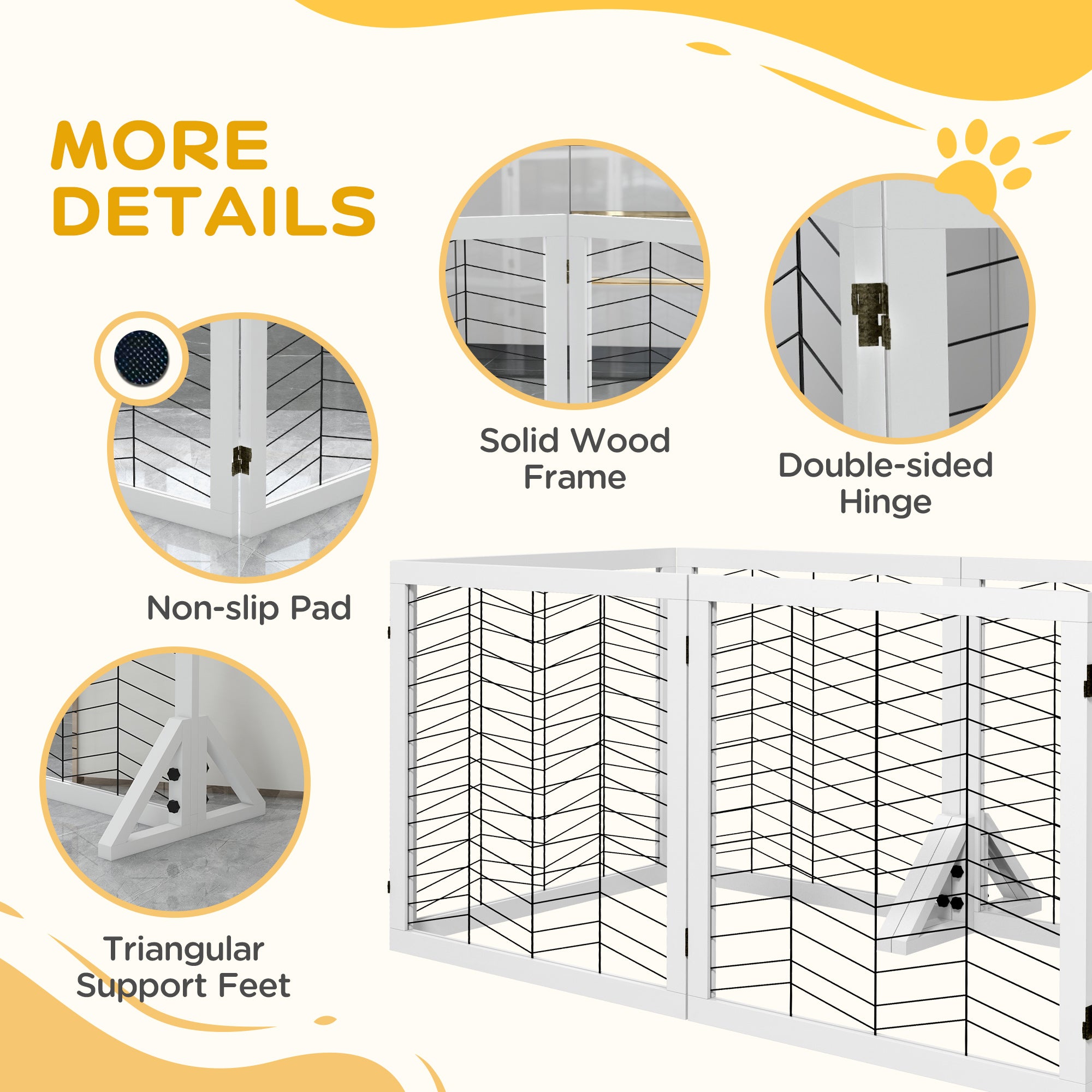 6 Panels Pet Gate, Wooden Foldable Dog Barrier w 2PCS Support Feet, for Small Medium Dogs - White