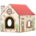 Two-In-One Cat House and Scratching Board with Catnip for Indoor Cats - Red Cream Brown Green