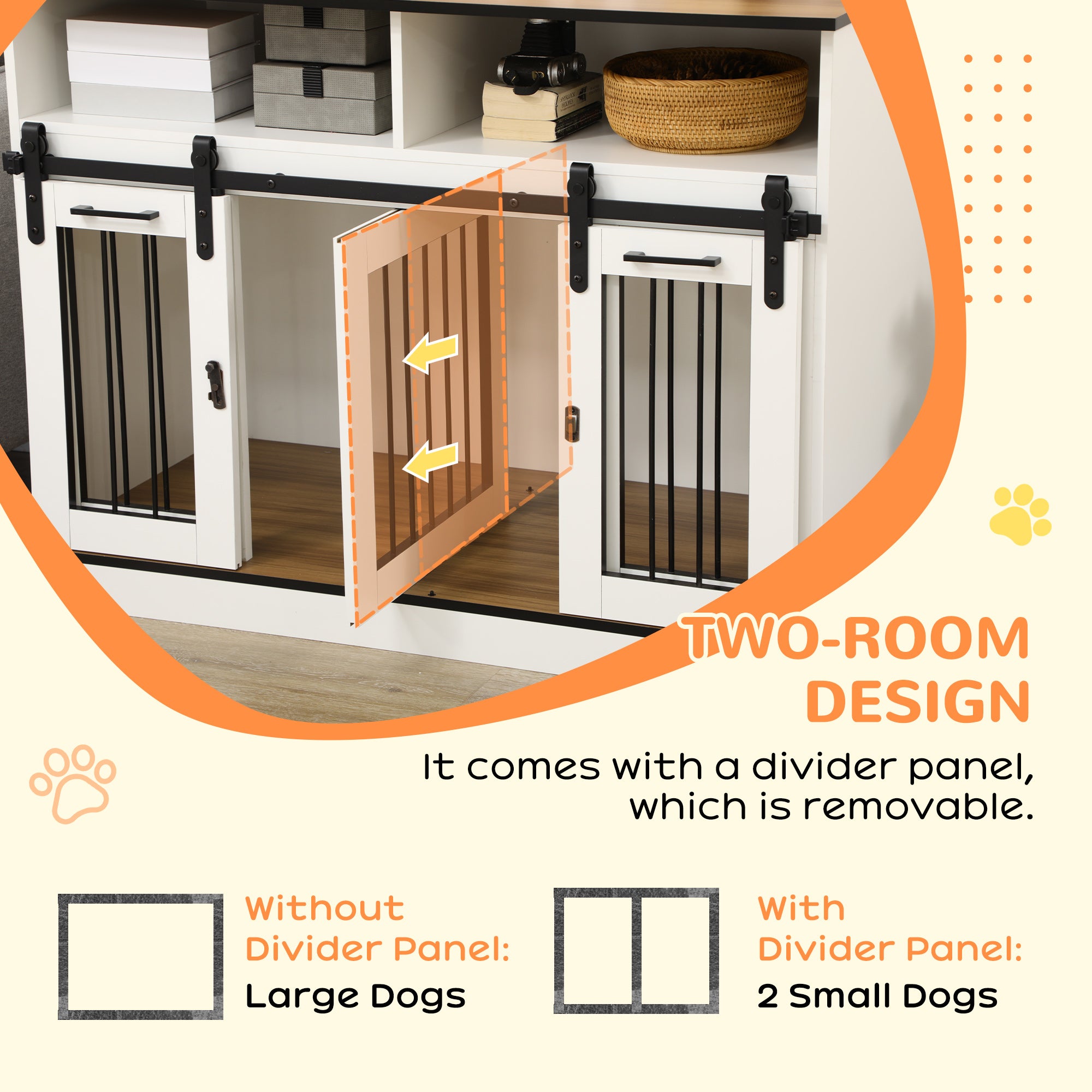 Dog Crate Furniture for Small & Large Dogs with Movable Divider, Dog Cage End Table with Shelves, Sliding Doors, 120 x 60 x 88.5 cm, White