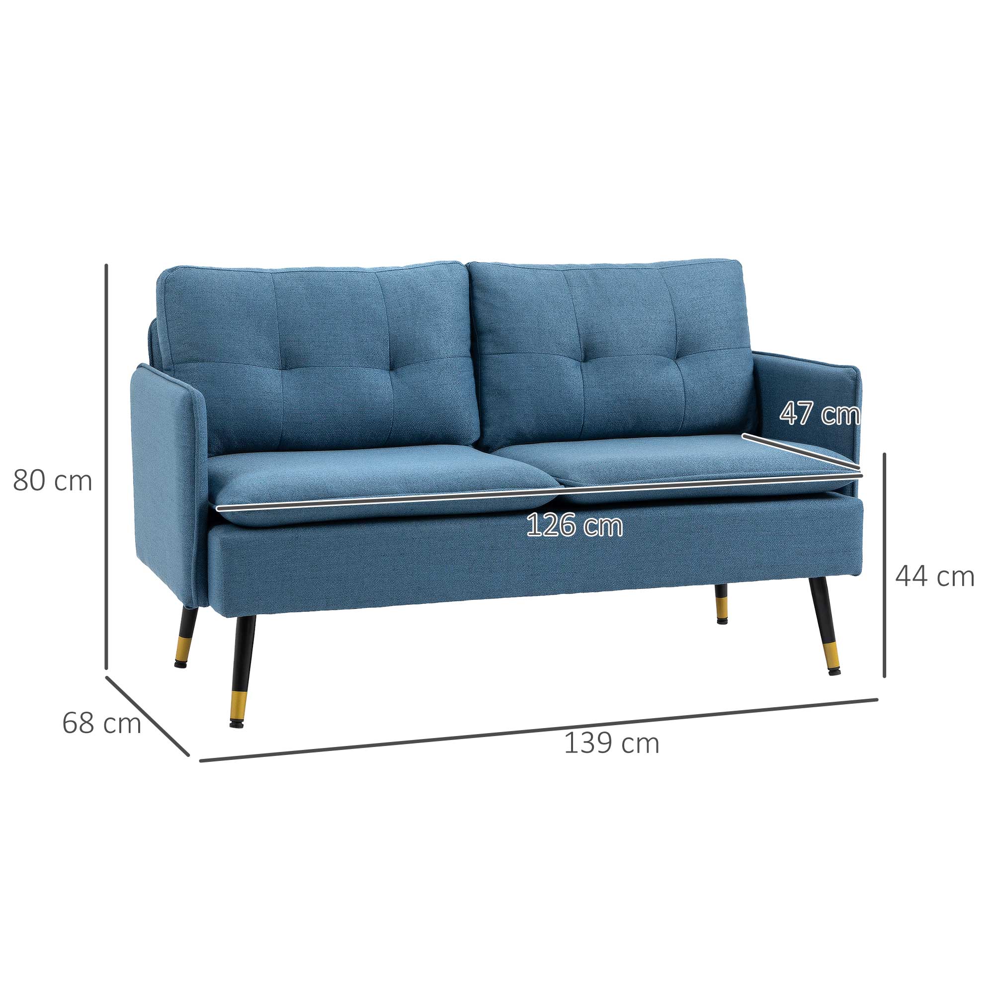 2 Seater Sofas for Living Room, Fabric Couch, Button Tufted Love Seat with Cushions, Dark Blue