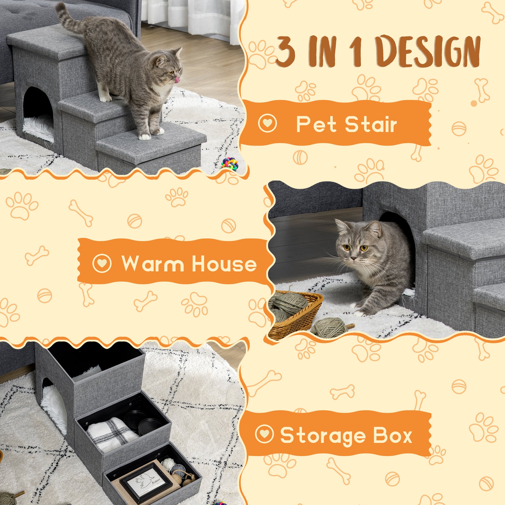 Dog Steps 3-step Pet Stairs with Kitten House and 2 Storage Boxes, 3 in 1 Dog Ramp for Sofa with Washable Plush Cushion