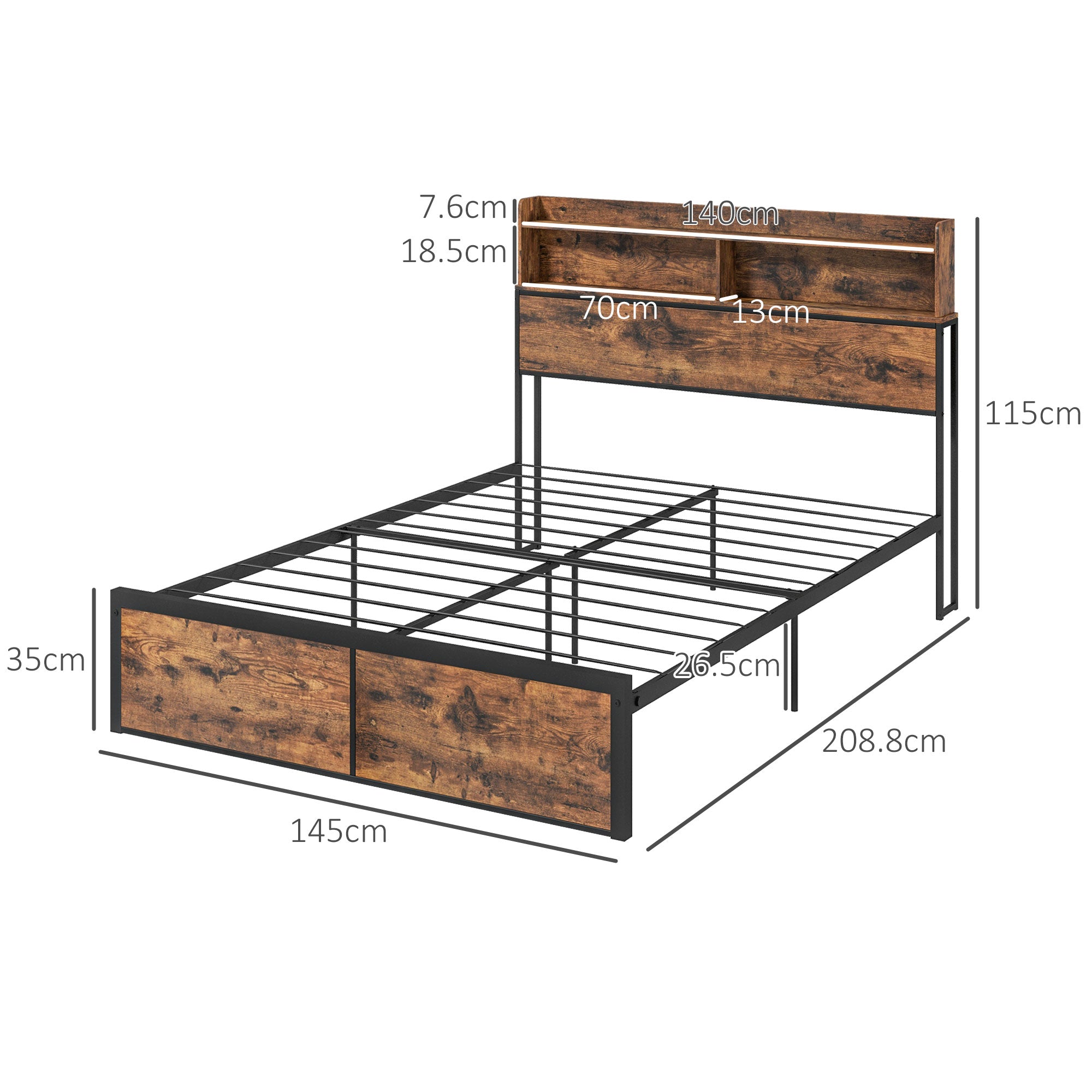 Industrial Double Bed Frame, 4.8FT Steel Bed Base w/ Storage Headboard, Footboard, Under Bed Storage, 145 x 209cm, Rustic Brown