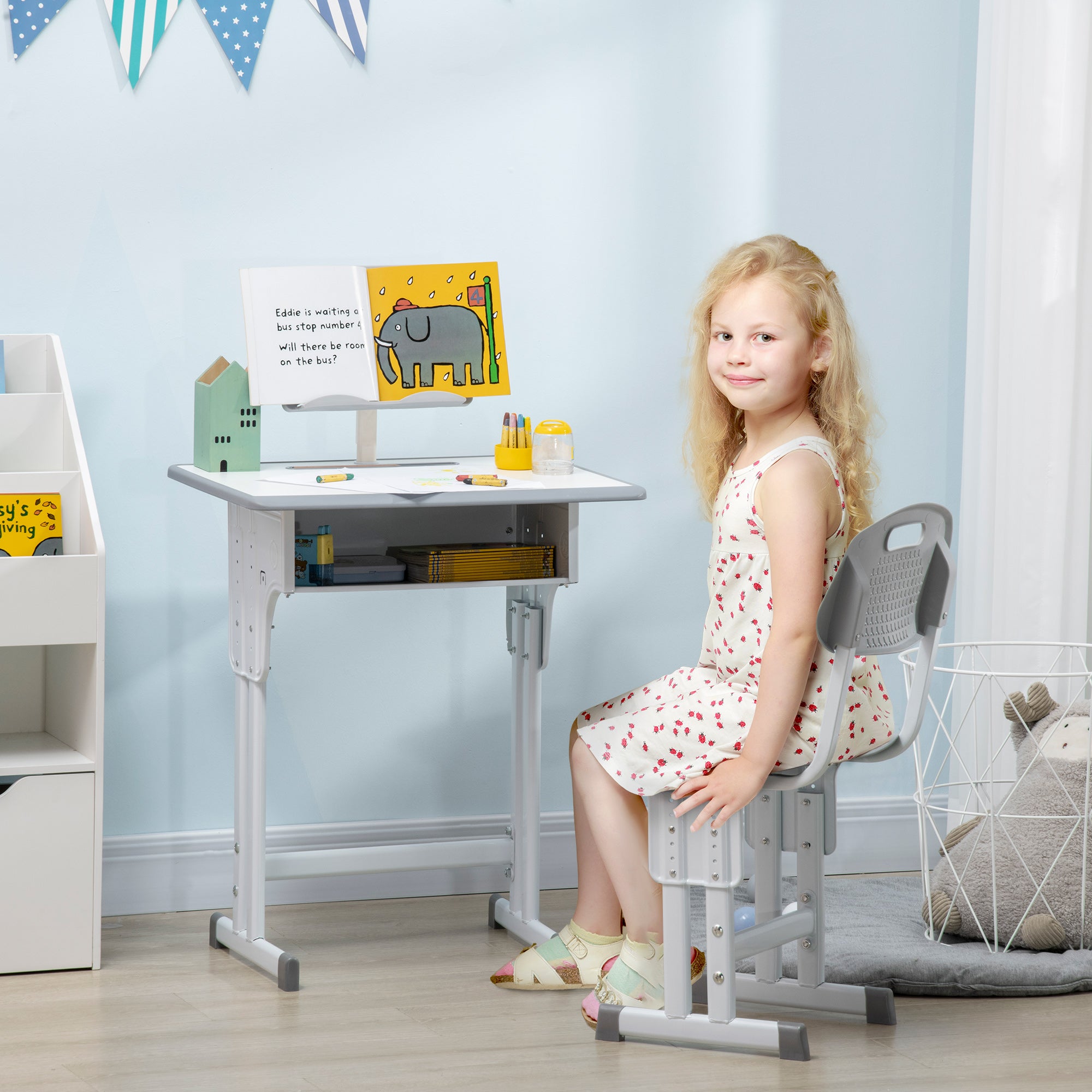 Kids Desk and Chair Set, Height Adjustable Study Table Set with Storage Drawer, Book Stand, Cup Holder, Pen Slot, Grey