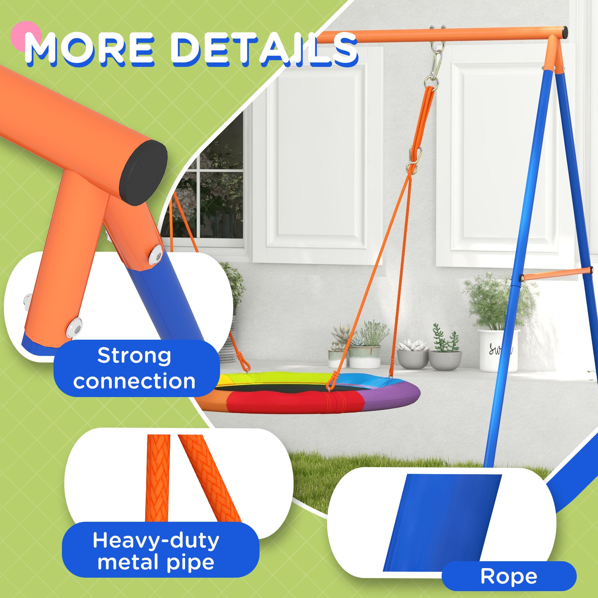 Metal Kids Swing Set Nest Swing Seat with A-Frame Structure for Outdoor Use Multicoloured