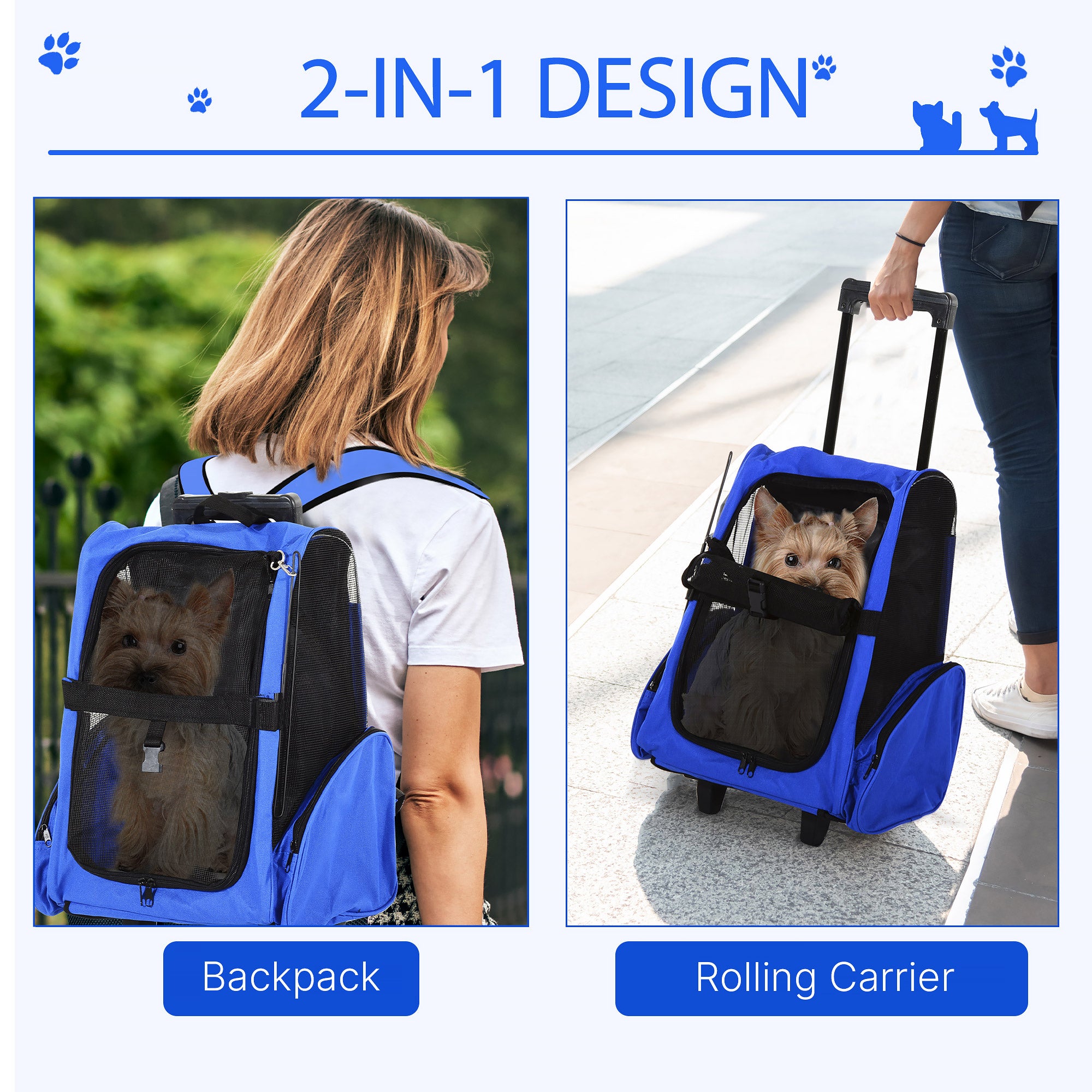 Pet Carrier Travel Backpack Bag Cat Carrier Puppy Dog Bag w/ Trolley, Telescopic Handle Portable Stroller Wheel, 42 x 25 x 55 cm, Blue