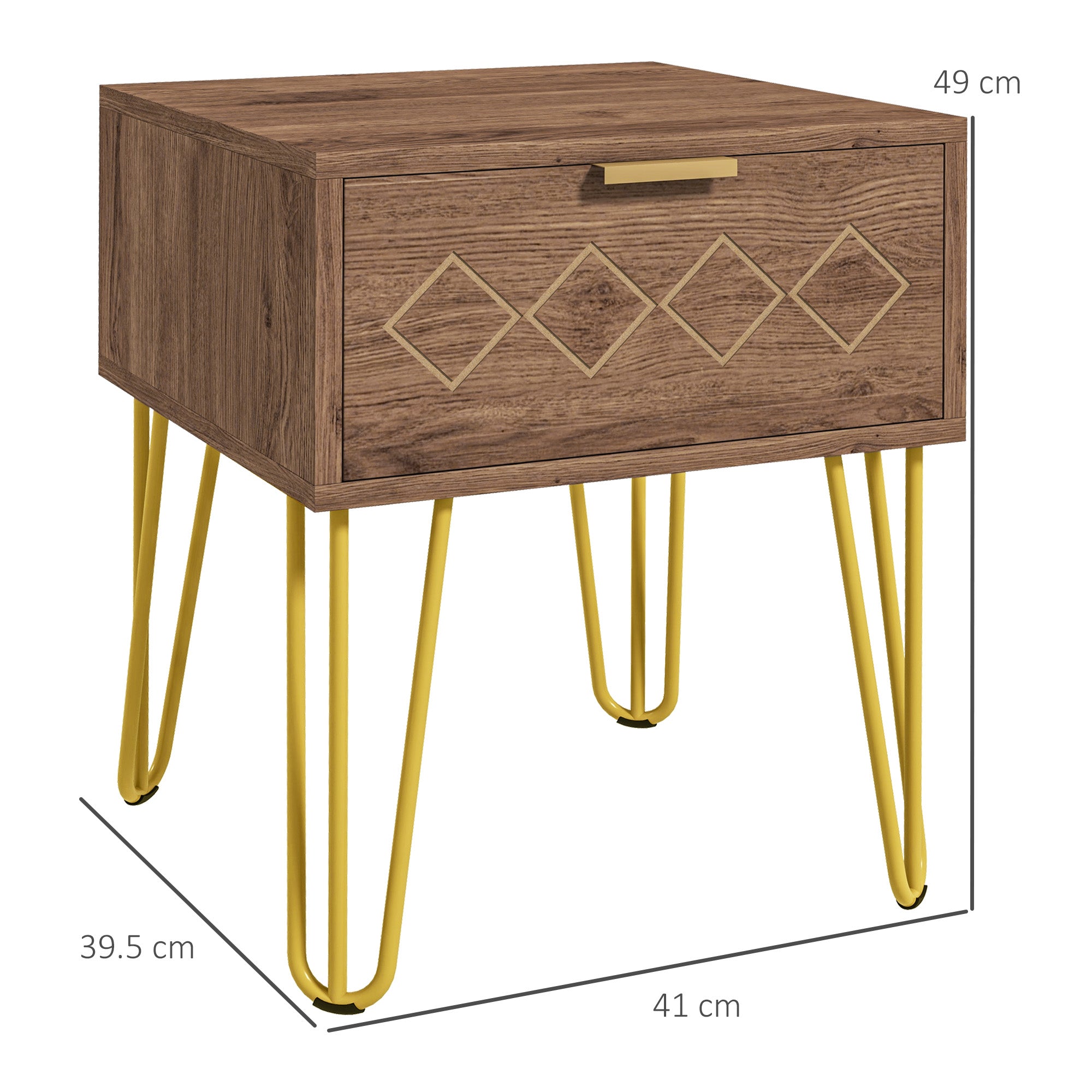 Bedside Table Set of 2 with Drawer, Wooden Nightstand, Modern Sofa Side Table with Gold Tone Metal Legs for Bedroom