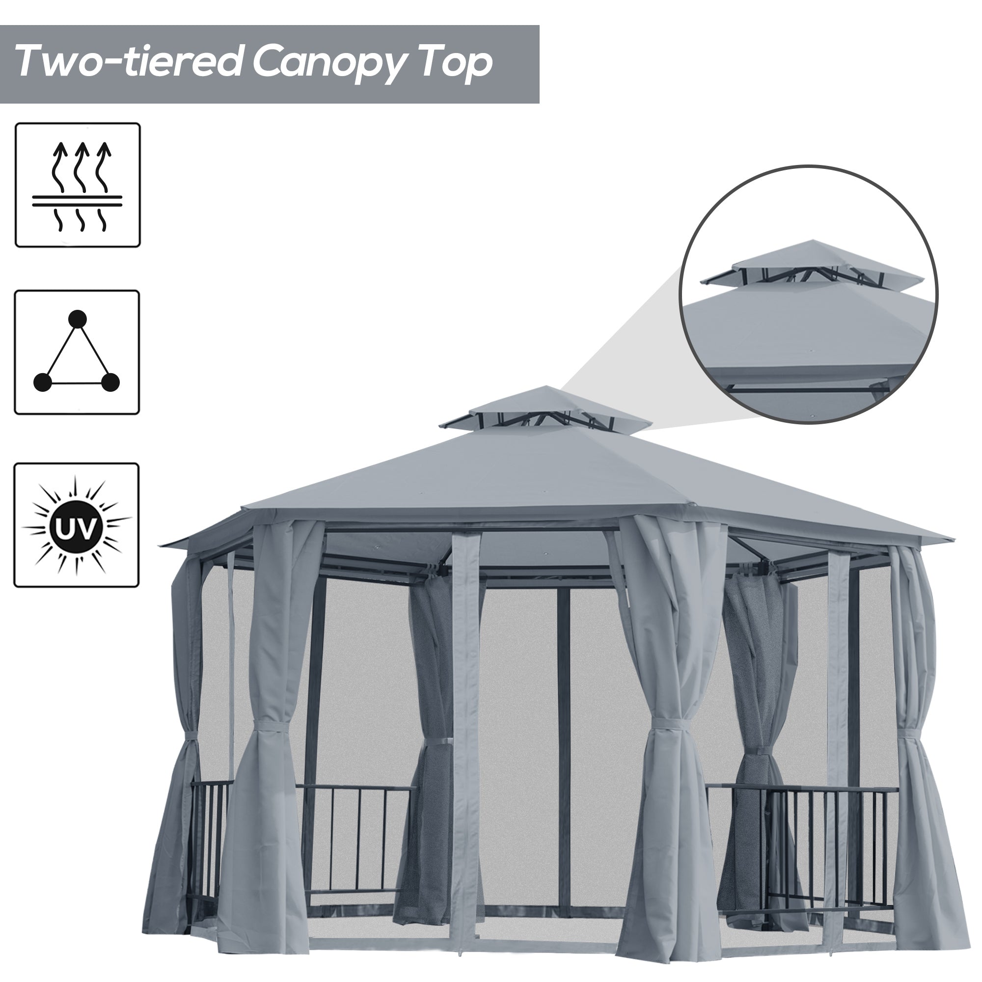 Hexagon Gazebo Patio Canopy Party Tent Outdoor Garden Shelter w/ 2 Tier Roof & Side Panel - Grey