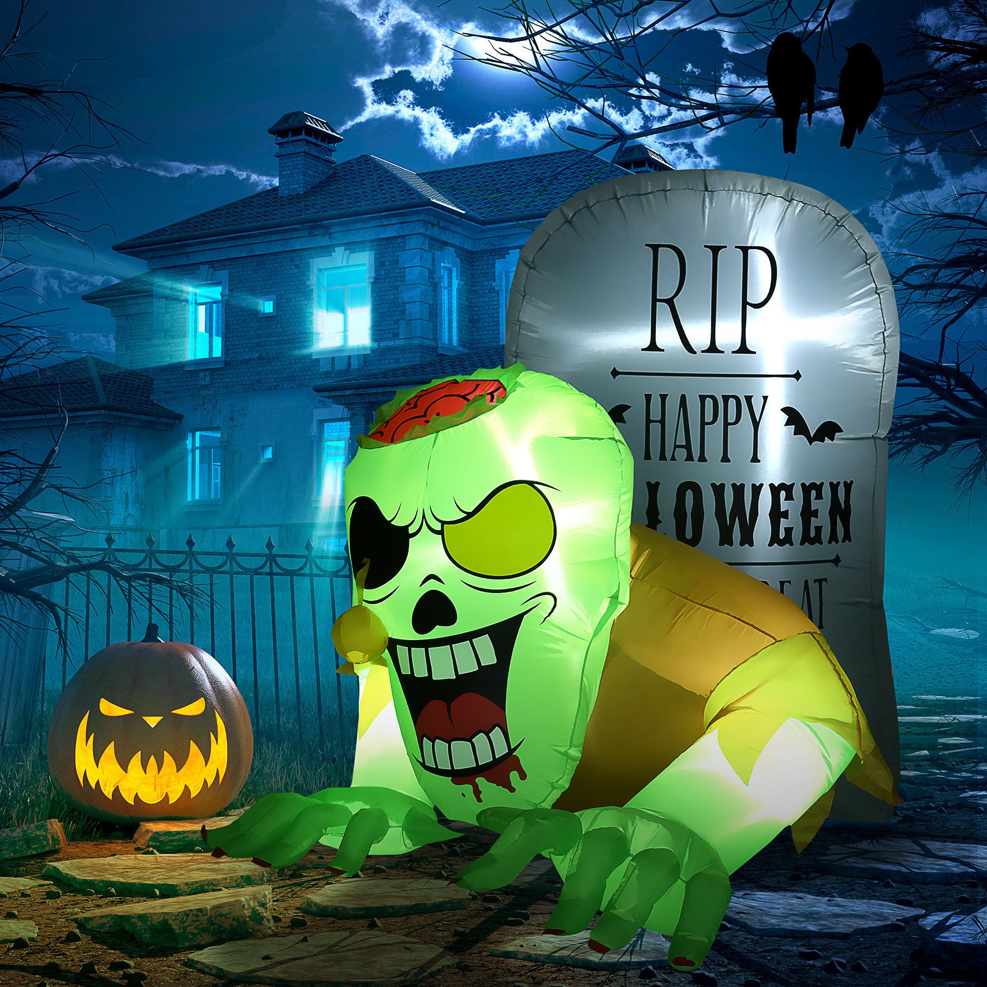 5FT Halloween Inflatable Ghost and Tombstone with LED Lights for Outdoor Garden and Lawn - Multicoloured