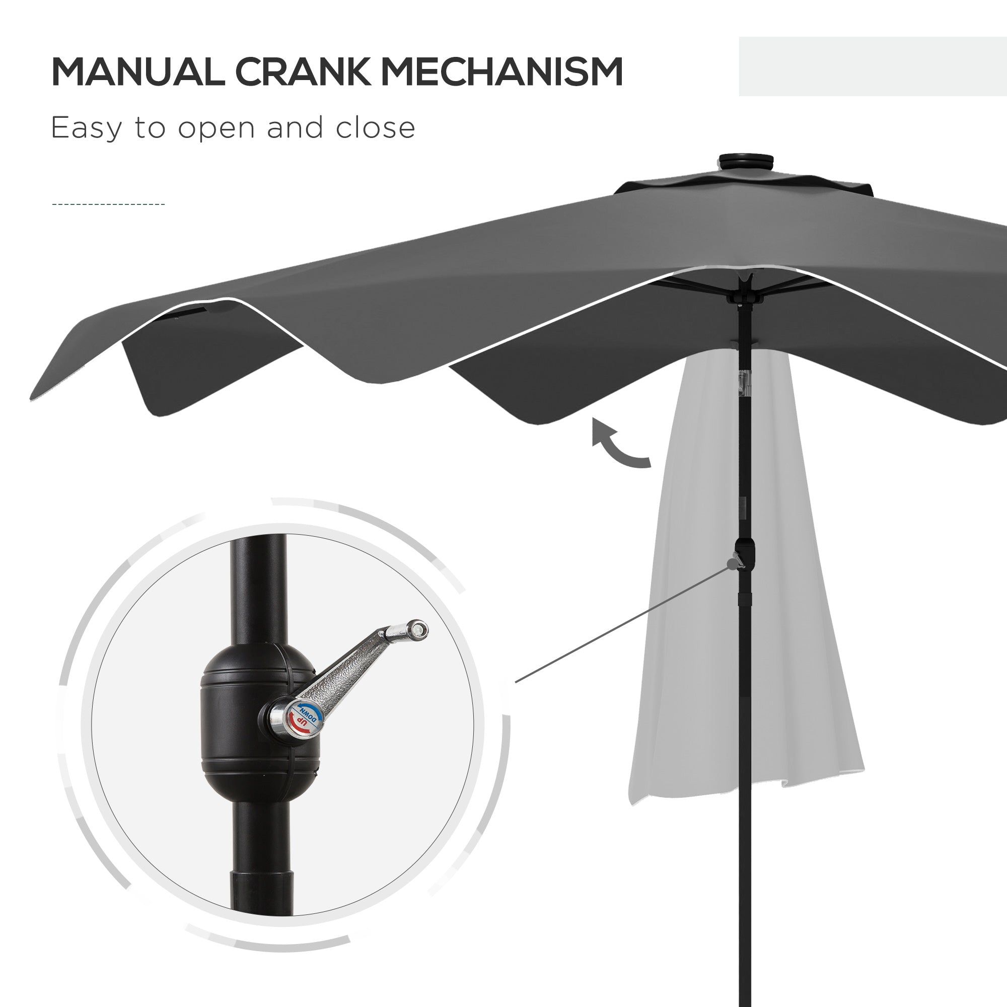 Solar Patio Umbrella with LED and Tilt, Outdoor Market Table Umbrella Parasol with Crank, 3 x 3 (m), Dark Grey