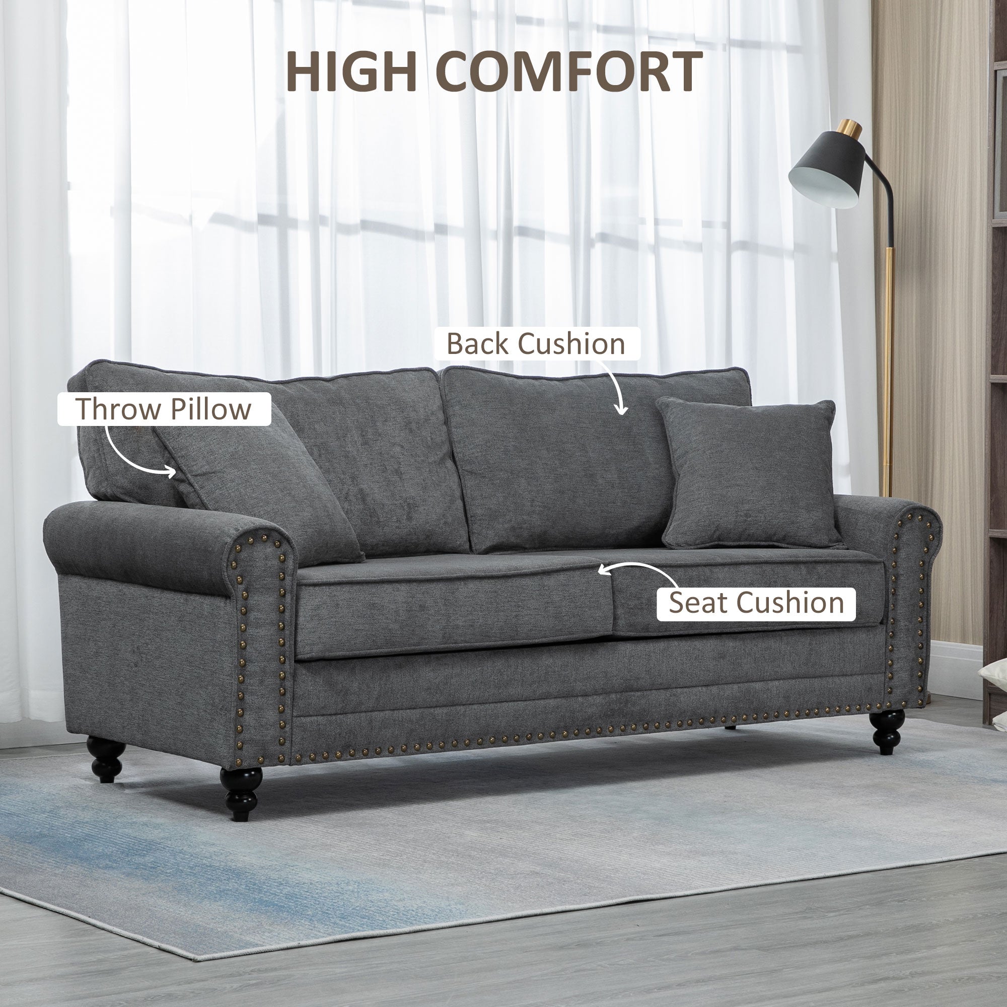 2 Seater Fabric Sofa with Nailhead Trim and Cushions Loveseat - Grey