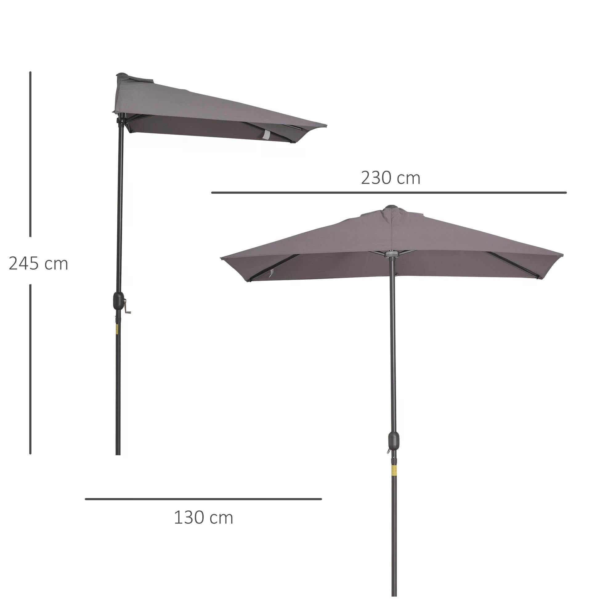 2.3 Metre Half Round Balcony Parasol with Crank Handle - Grey UV Resistant