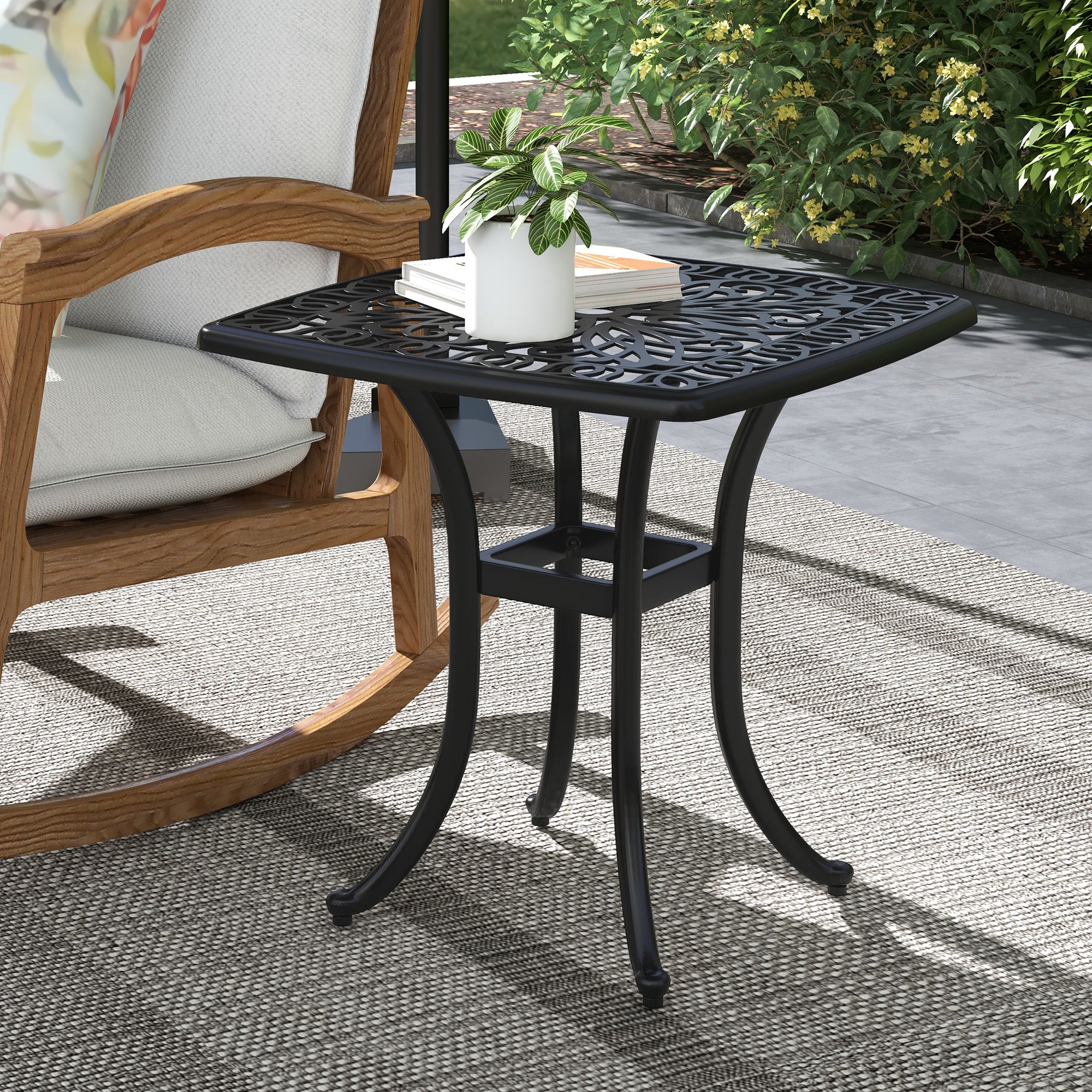 Cast Aluminium Bistro Table, Outdoor Square Side Table with Umbrella Hole, Garden Table for Balcony, Poolside, Black