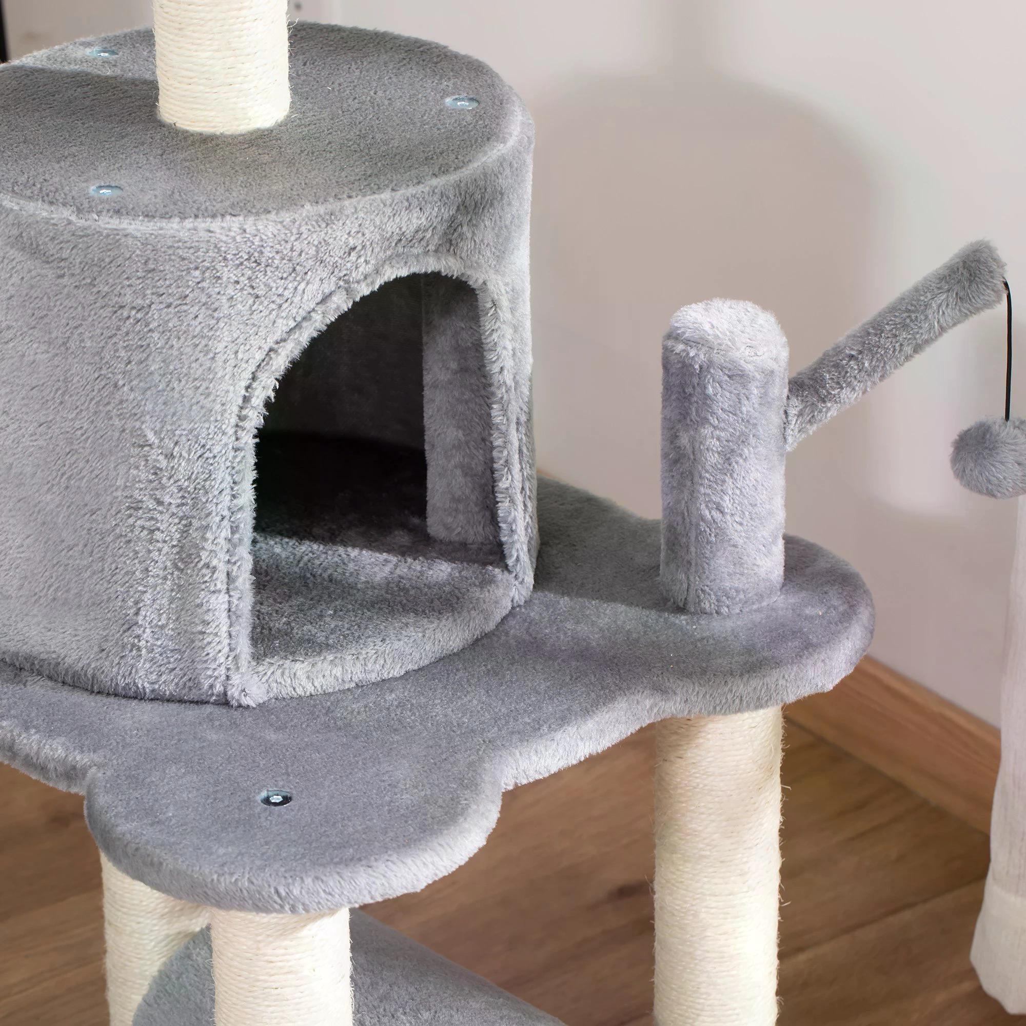 Cat Tree Tower Climbing Activity Center Kitten Furniture with Jute Scratching Post Bed Tunnel Perch Hanging Balls Grey