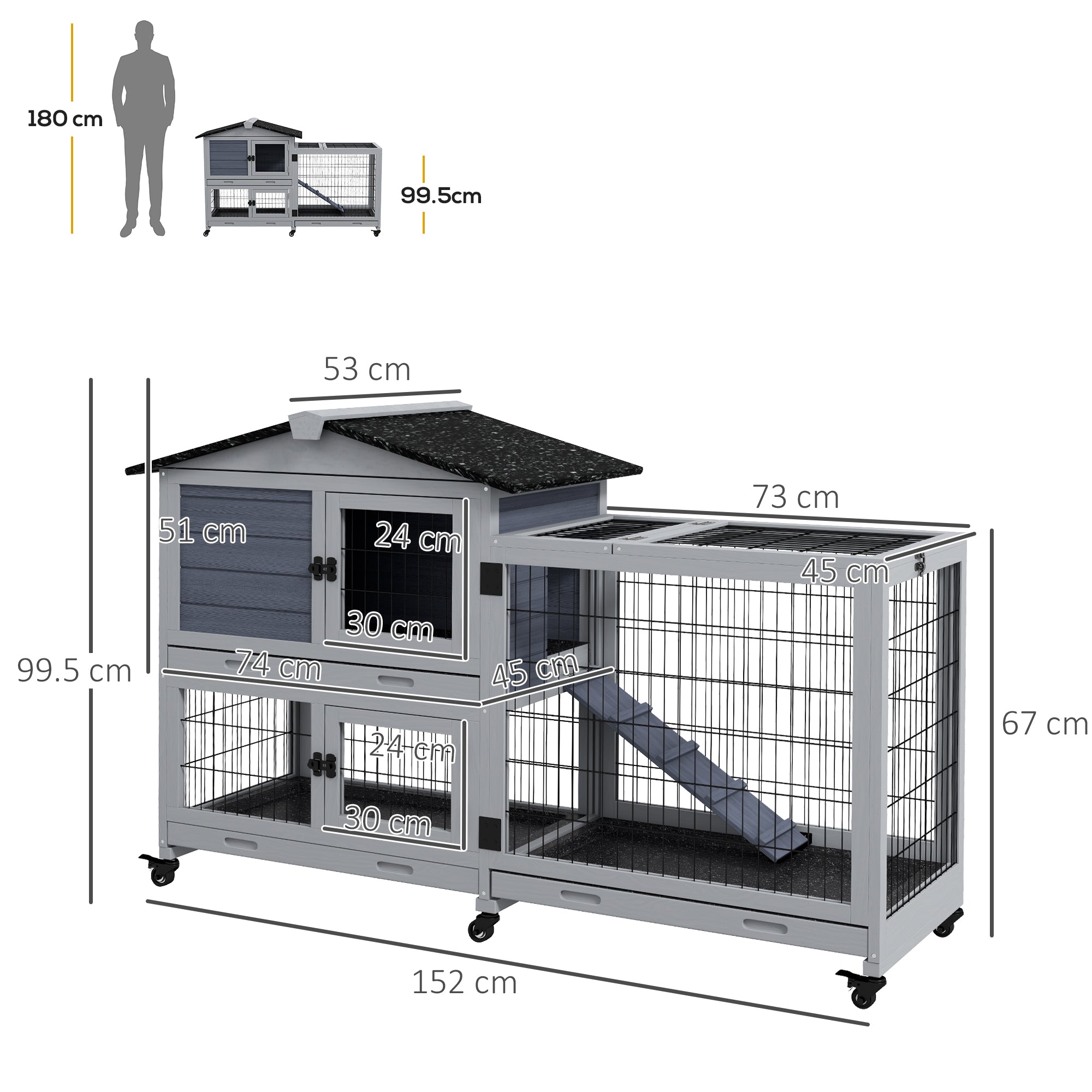 Portable Rabbit Cage, Rabbit Hutch with Run, Wheels, 3 Slide-out Trays, Ramp, Openable Top for Outdoor Indoor - Grey