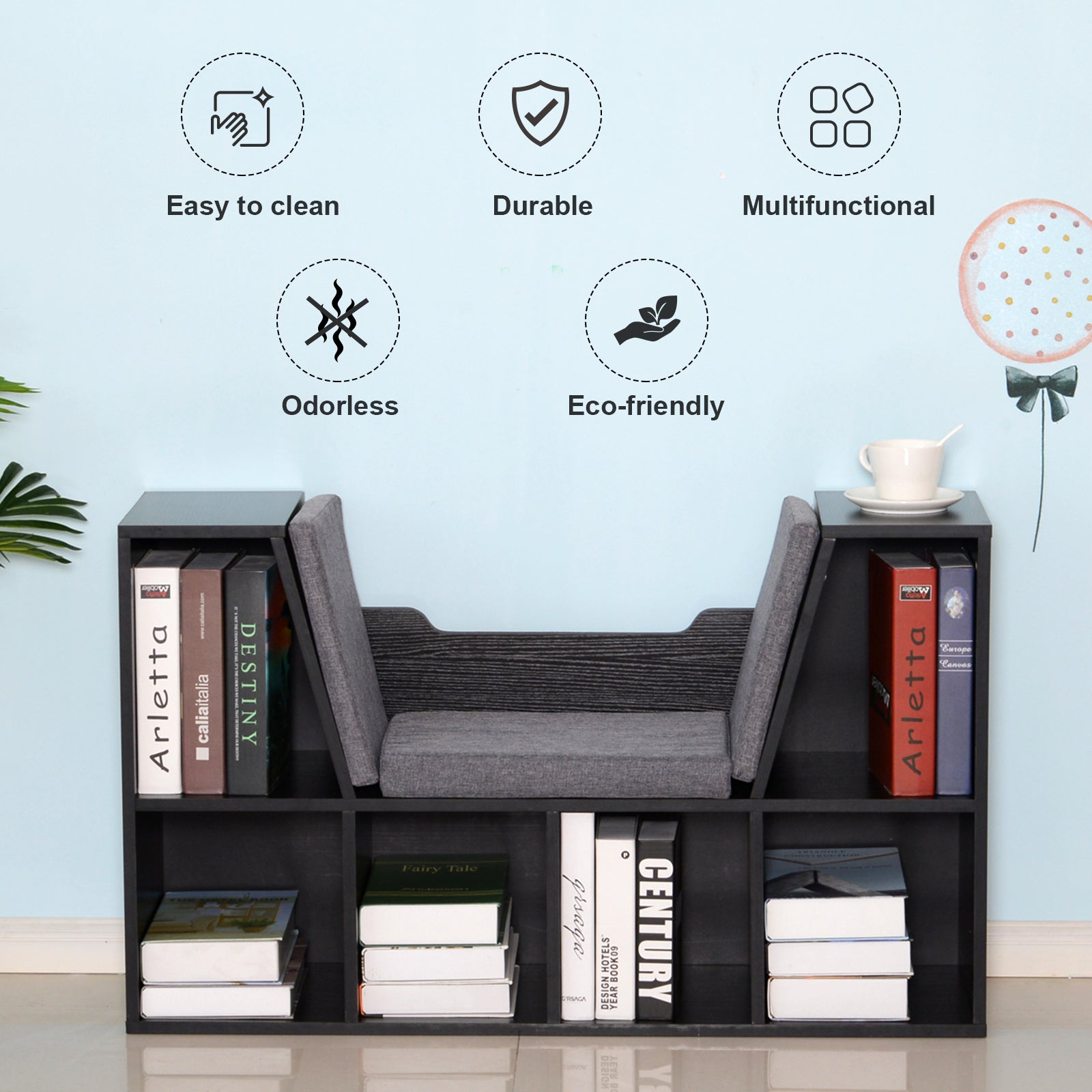 Bookcase Shelf Storage Seat with Cushion for Kids Bedroom and Living Room Organizer - Black