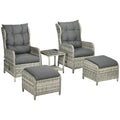 5-Piece PE Rattan Outdoor Sun Lounger Set with Reclining Chairs, Footstools & Glass Top Table - Mixed Grey