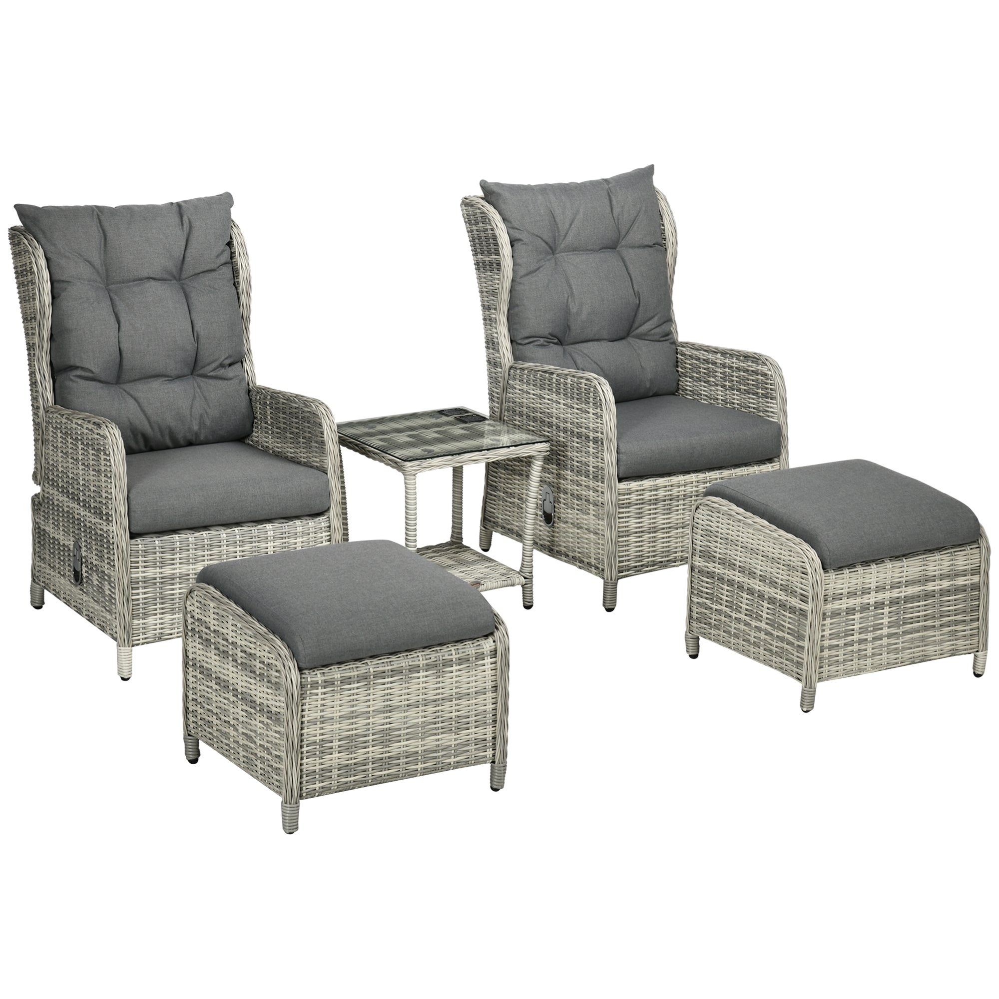 5 Pieces PE Rattan Sun Lounger Set, Outdoor Half-round Wicker Recliner Sofa Bed with Glass Top Two-tier Table and Footstools, Mixed Grey