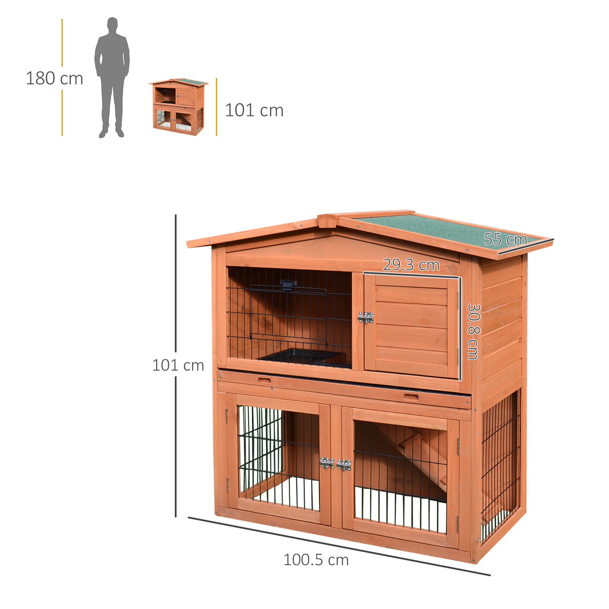 2 Tier Rabbit Hutch Guinea Pig Hutch Ferret Cage with Ramp Slide Out Tray for Indoor Outdoor 100.5 x 55 x 101 cm