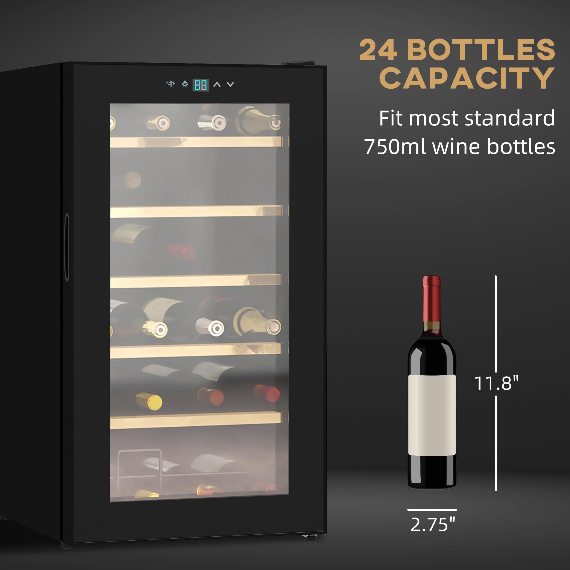 24 Bottles Freestanding Wine Fridge w/ Glass Door, 65L Single Zone Wine Cooler Fridge w/ Digital Touch Screen Controls, LED Light, Black