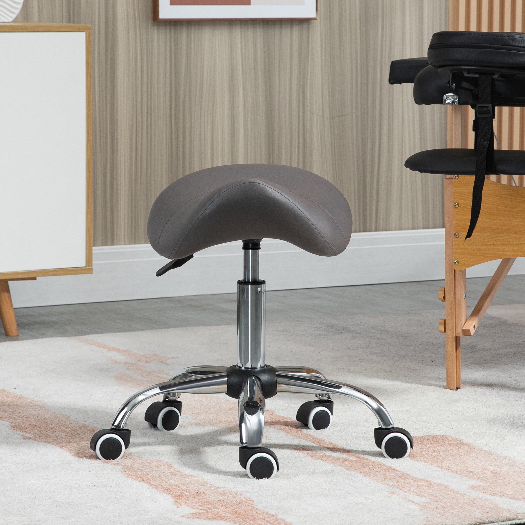 Cosmetic Stool 360° Rotate Height Adjustable Salon Massage Spa Chair Hydraulic Rolling Faux Leather Saddle Stool, Grey