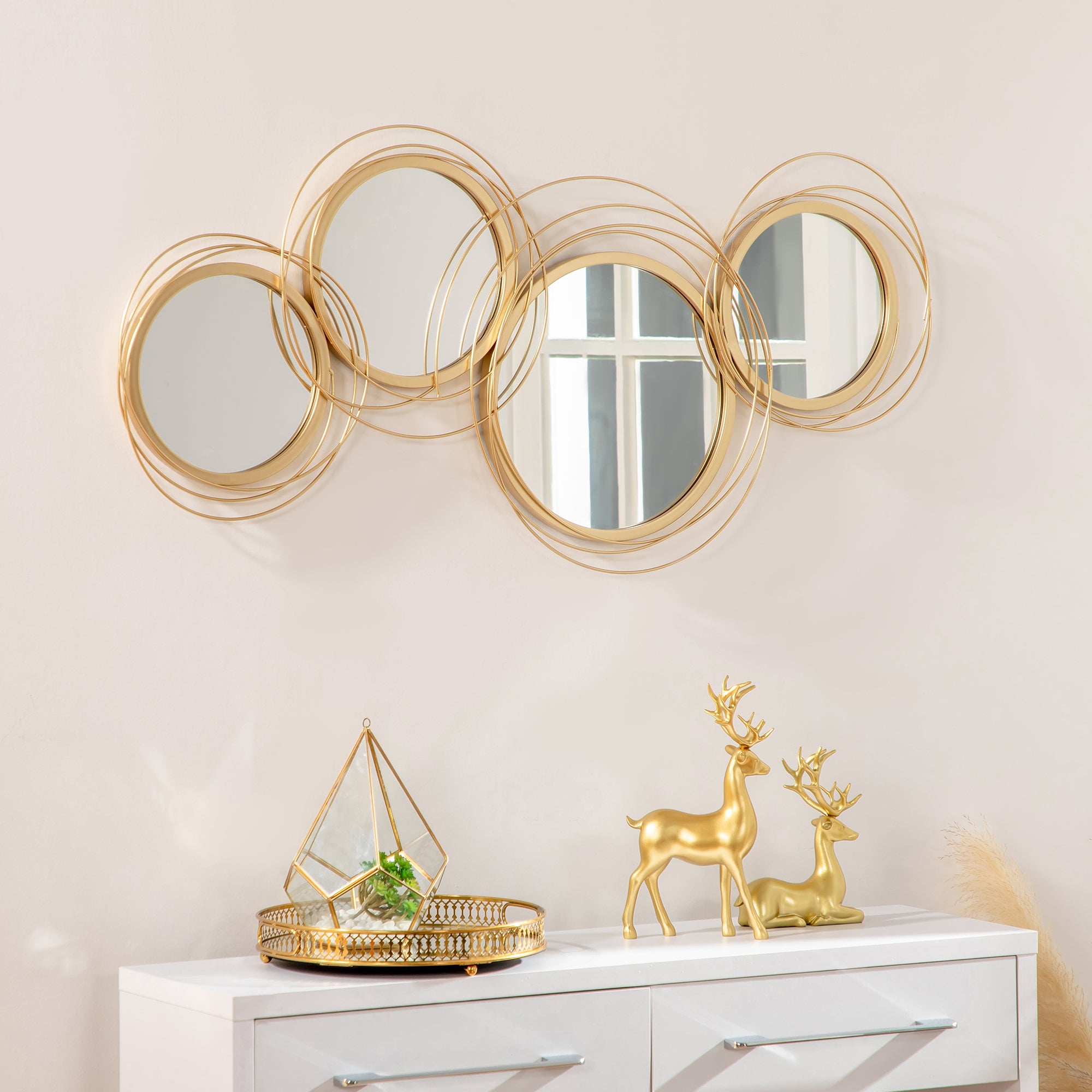 Metal Wall Art Modern Decorative Mirror Decor Hanging Home Wall Sculptures for Living Room Bedroom Dining Room, Gold