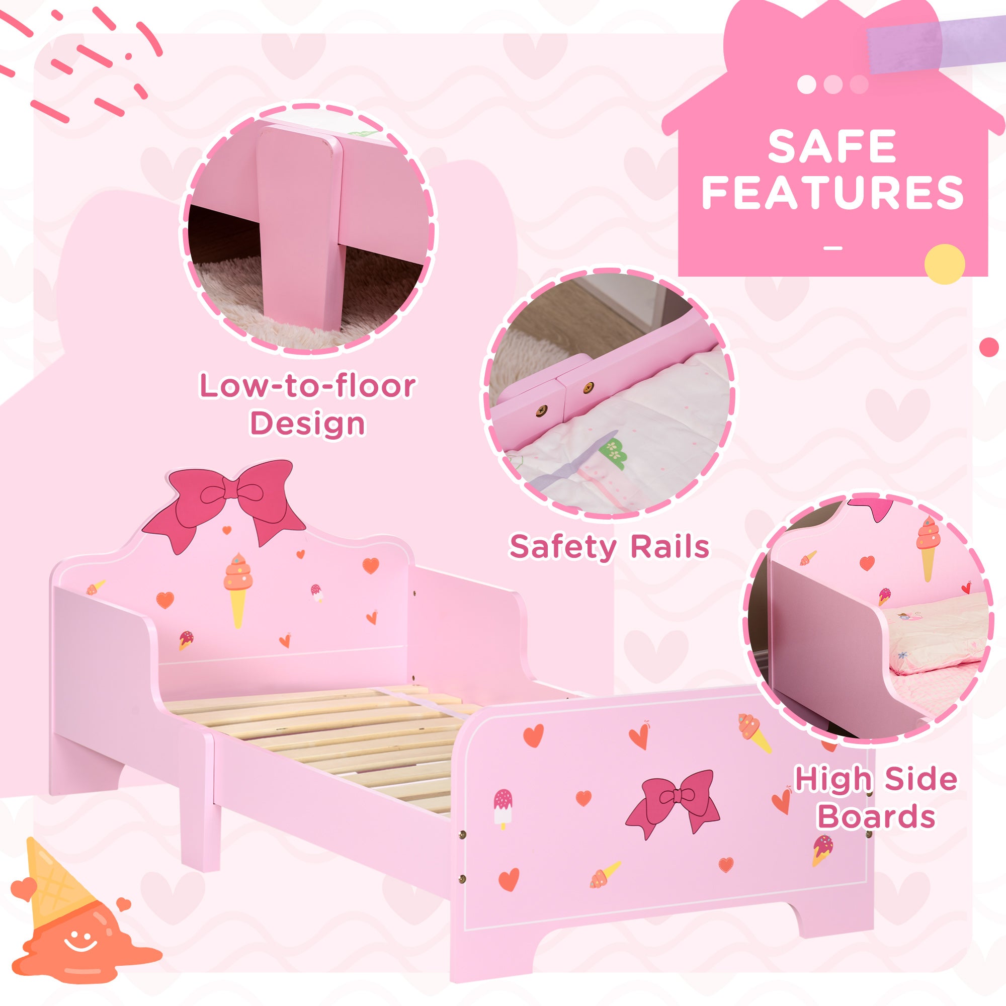 5PCs Kids Bedroom Furniture Set with Bed, Toy Box Bench, Storage Unit, Dressing Table and Stool, Princess Themed, for 3-6 Years Old, Pink