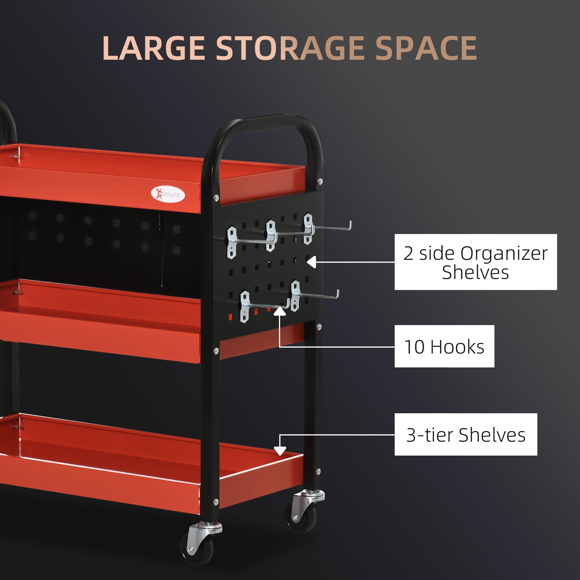 3 Tier Shelf Tool Cart Storage Trolley Wheel Cart for Garage Workshop Warehouse DIY Tool with 10 Hooks 100 kg Red