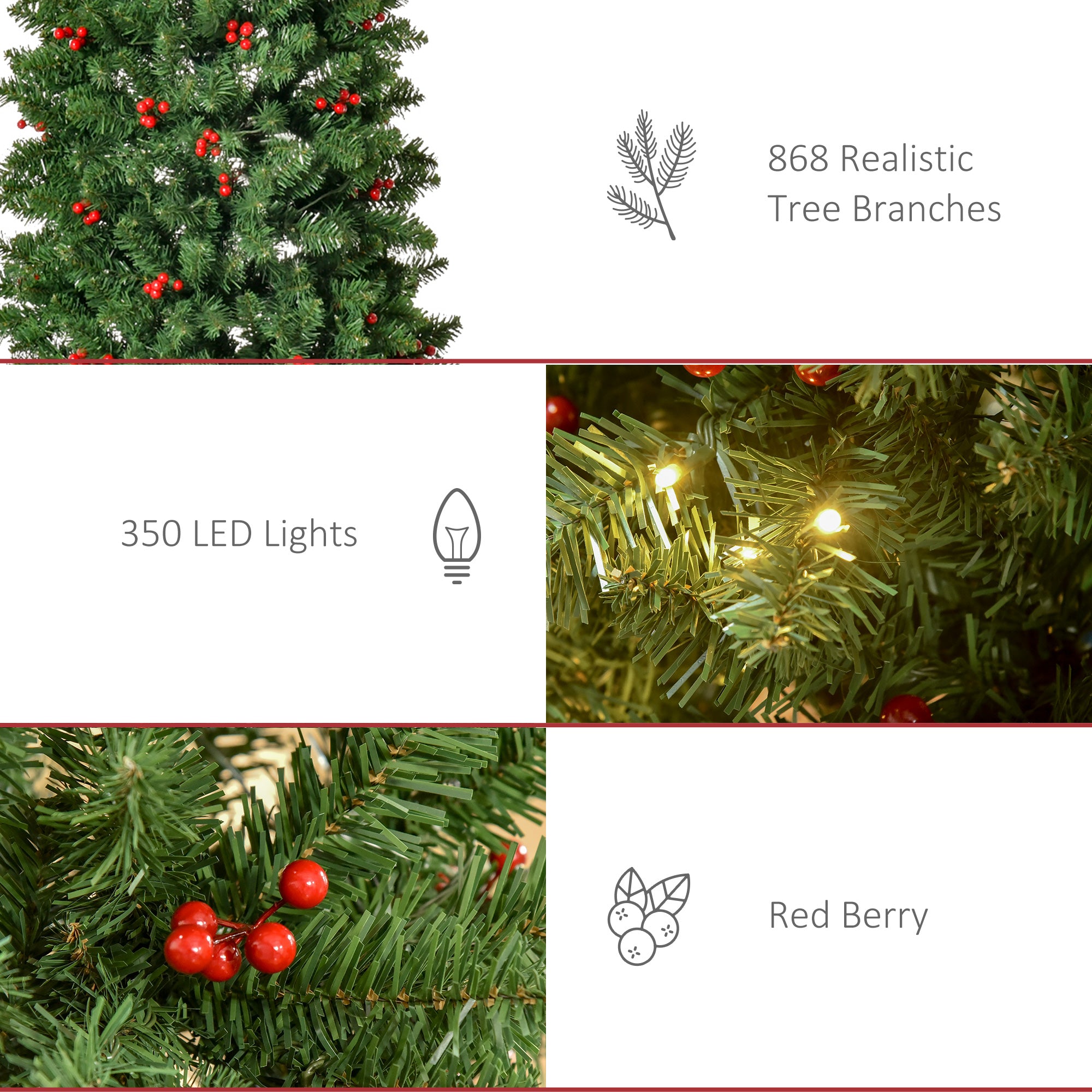 7FT Prelit Artificial Pencil Christmas Tree with Warm White LED Light, Red Berry, Holiday Home Xmas Decoration, Green