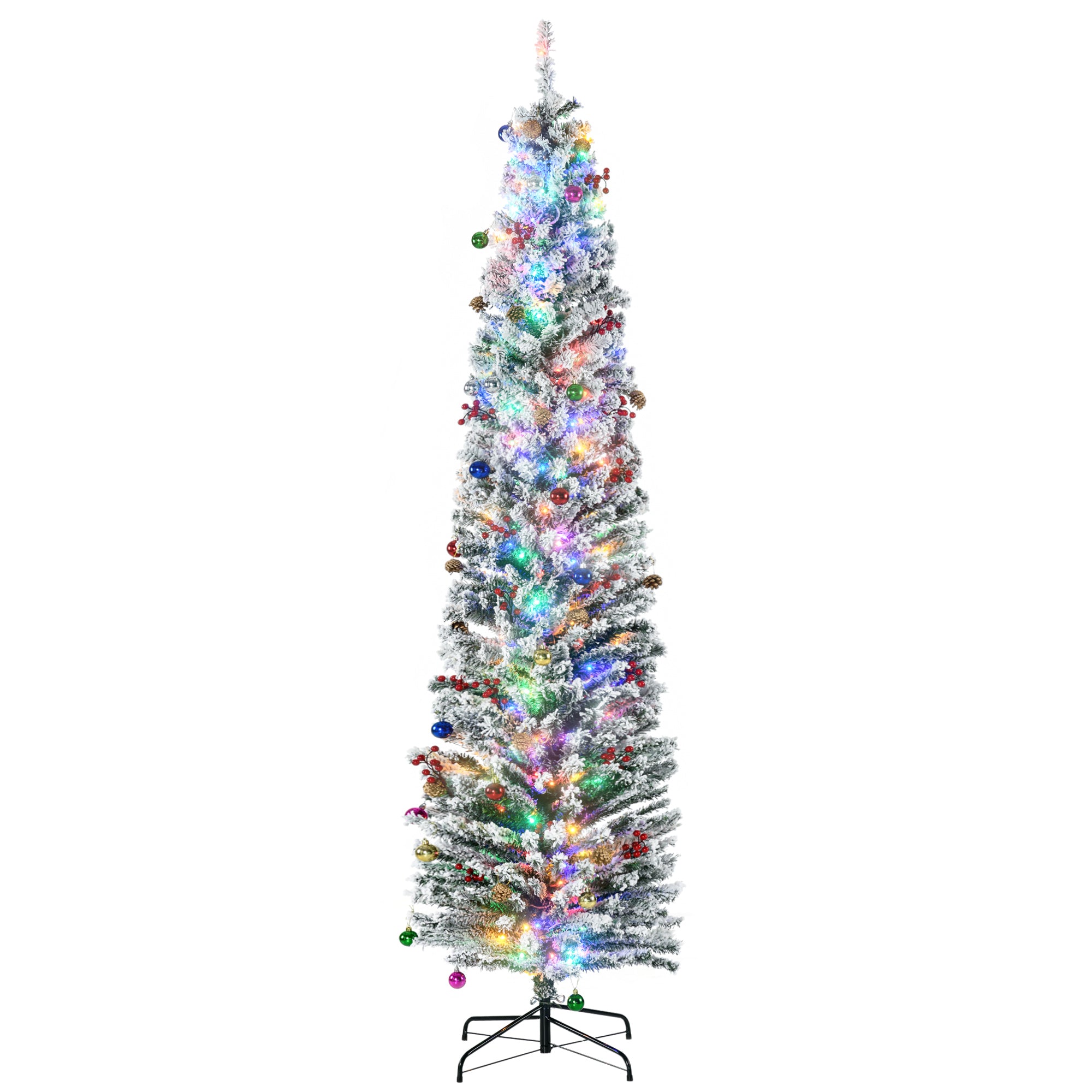 7.5' Artificial Prelit Christmas Trees Holiday Décor with Warm White LED Lights, Flocked Tips, Berry, Pine Cone