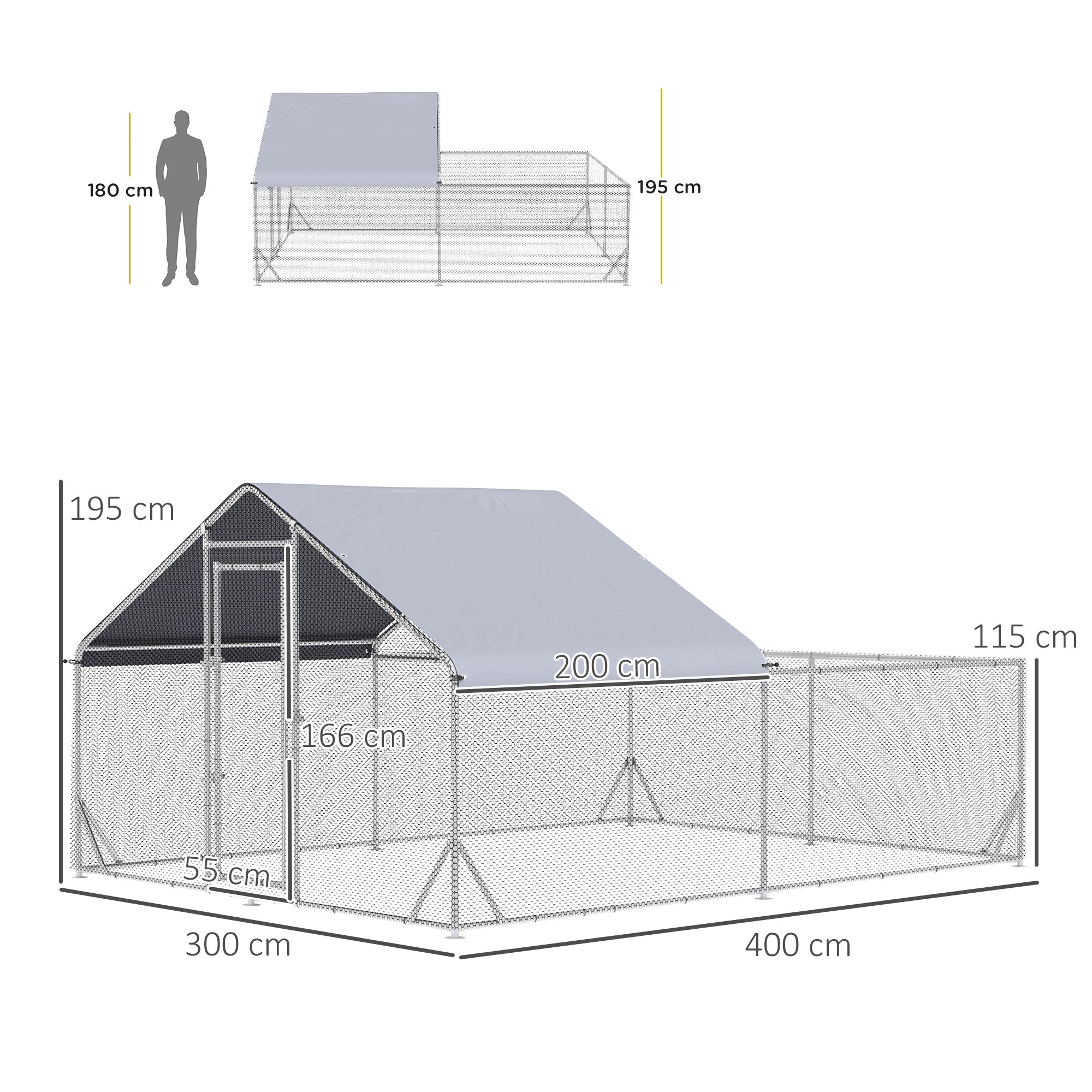 Walk In Chicken Run, Galvanized Chicken Coop Outdoor Hen House Poultry, Duck Rabbit Hutch for Backyard with Water, UV-Resist Cover, 4 x 3 x 2 m