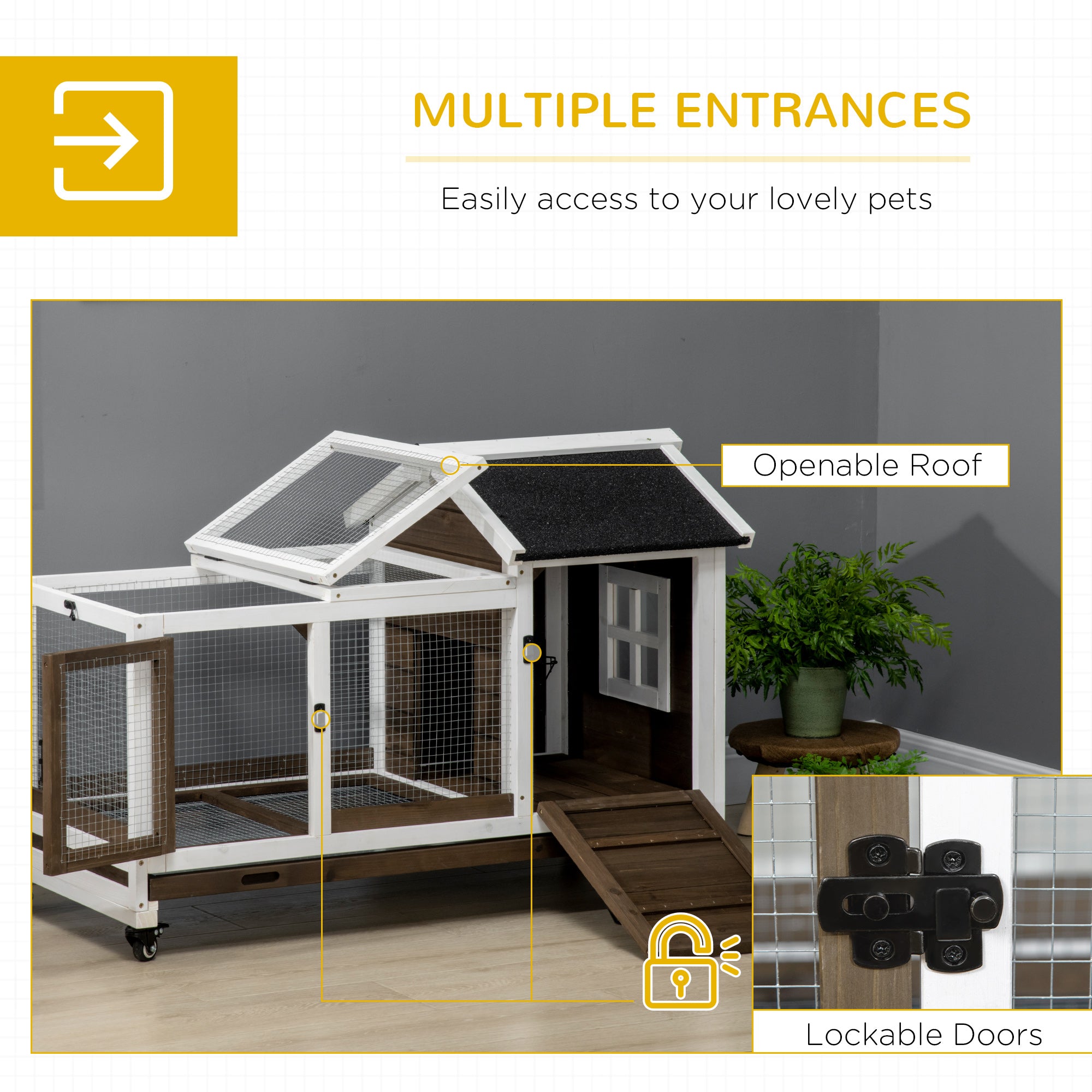 Wooden Rabbit Hutch with Wheels, Guinea Pig Cage, Small Animal House for Outdoor & Indoor with Slide-out Tray, 108 x 58 x 73.5cm, Coffee