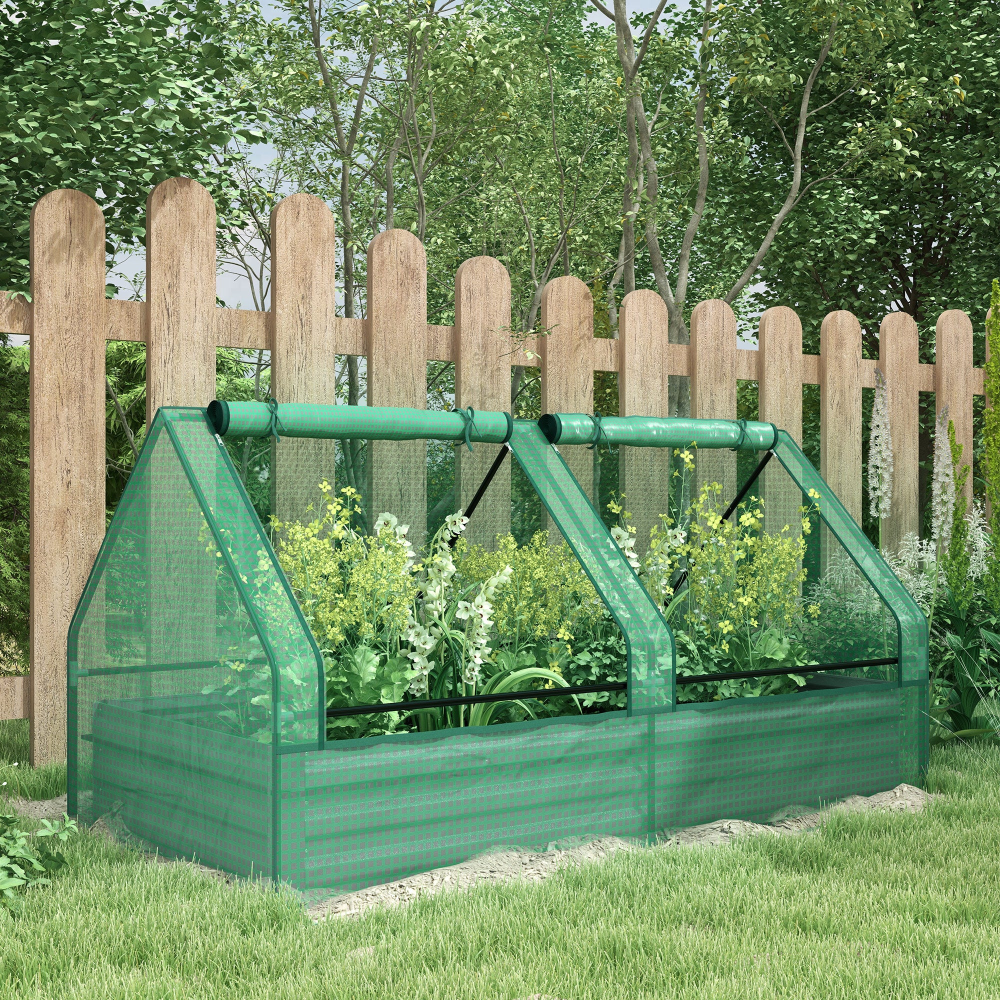 Metal Planter Box with Cover, Raised Garden Bed with Greenhouse, for Herbs and Vegetables, Green and Dark Grey