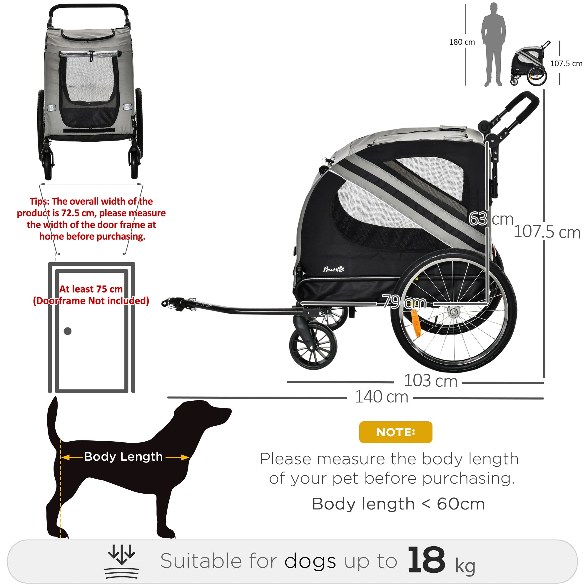 Dog Bike Trailer 2-in-1 Pet Stroller Cart Bicycle Carrier Attachment for Travel in steel frame with Universal Wheel Reflectors Flag Grey