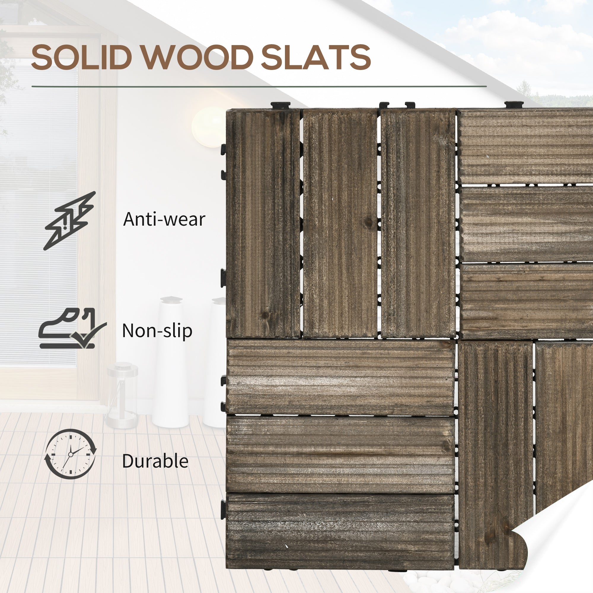 27 Piece Wooden Interlocking Decking Tiles Set - Slip Resistant Charcoal Grey