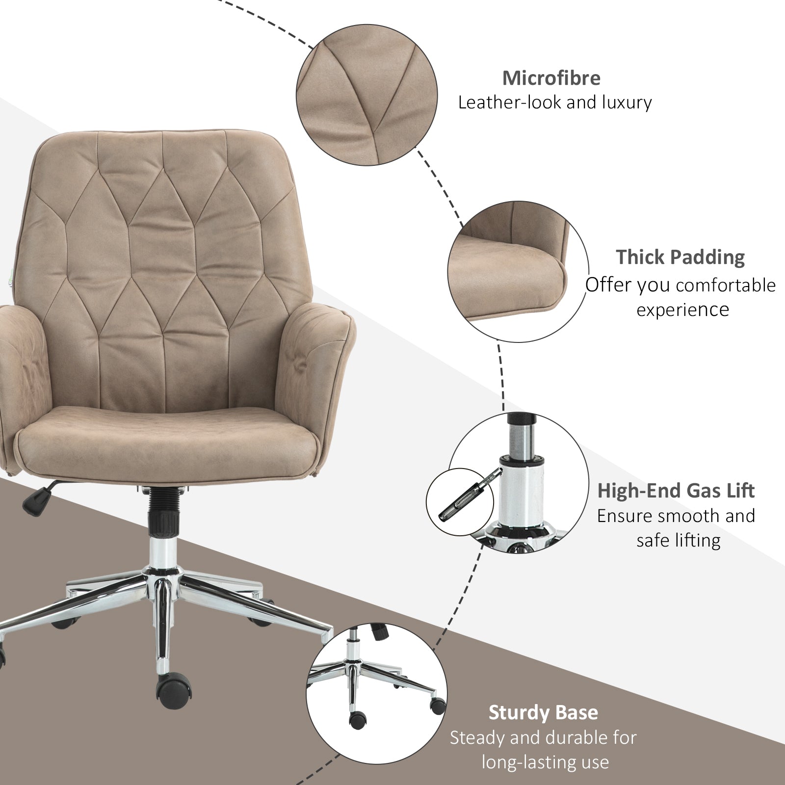 Microfibre Computer Chair with Armrest, Modern Swivel Chair with Adjustable Height, Khaki